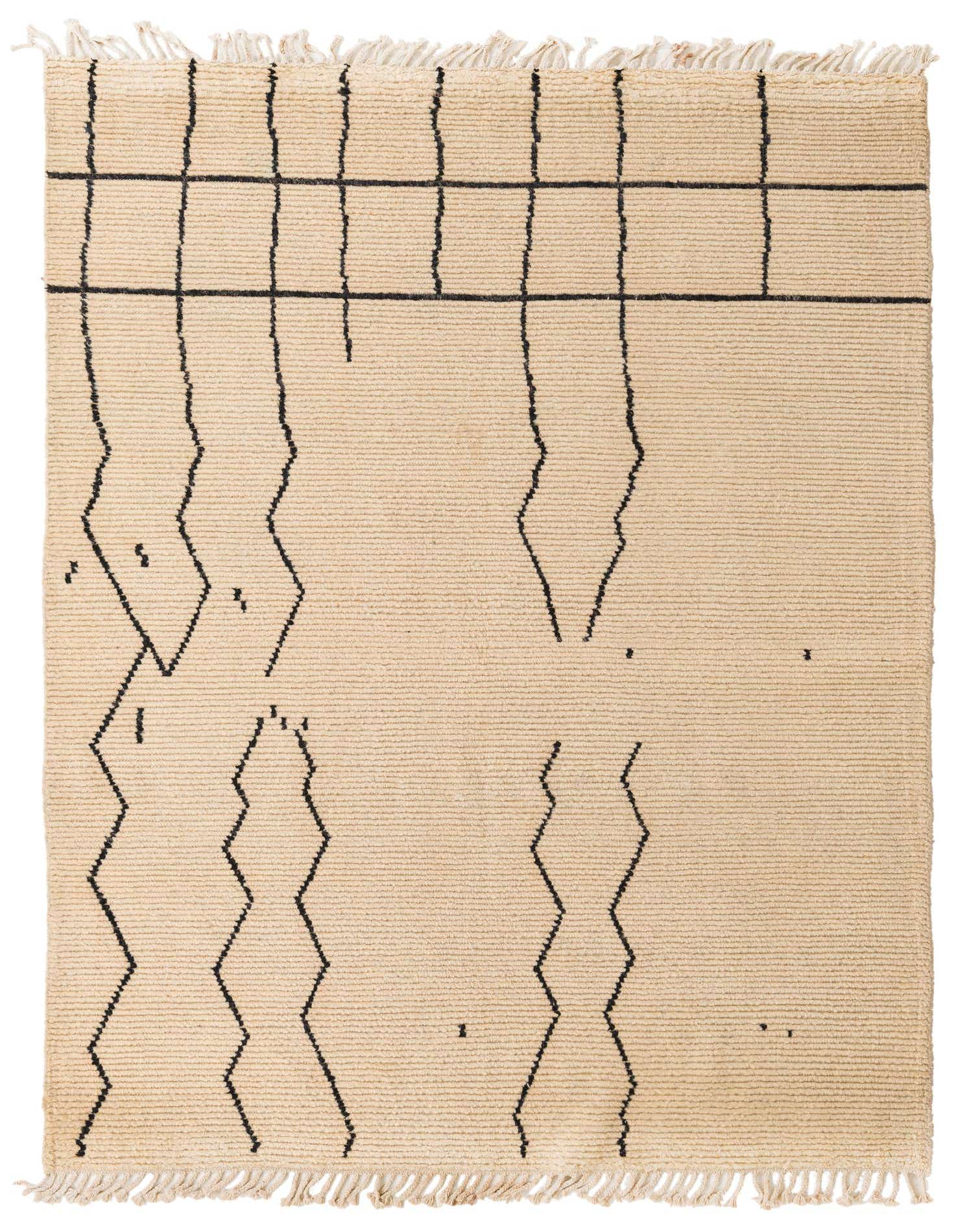 A 5x8 rectangular ivory wool rug with an abstract black line pattern and fringe, suitable for a living room.