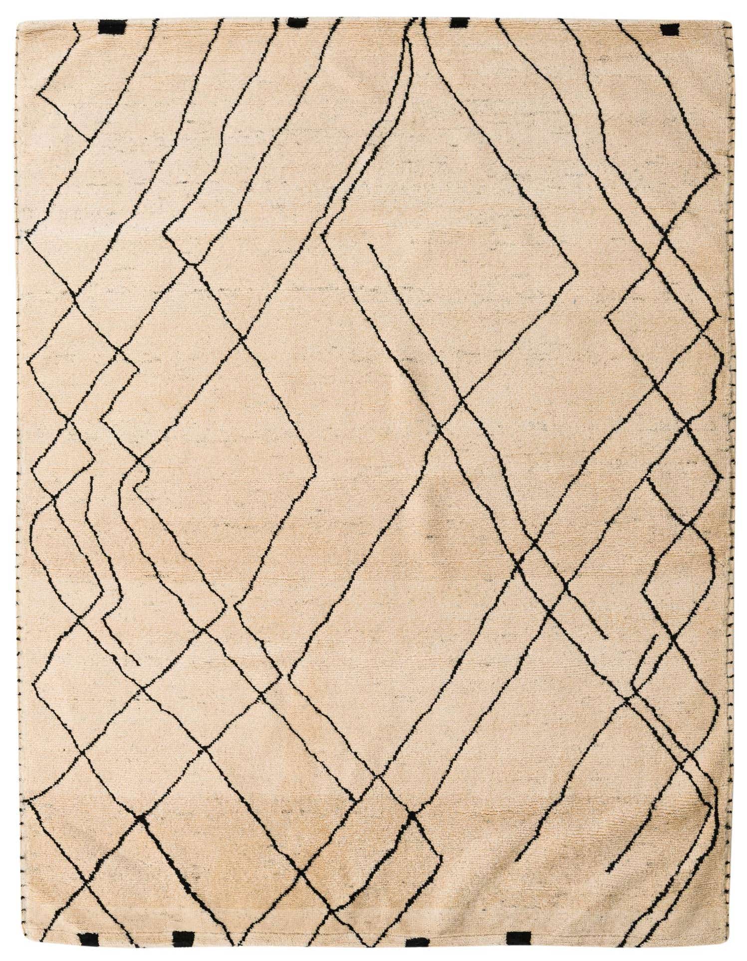 A 6x9 rectangular Darya rug in ivory and cream with a modern abstract black line pattern, handmade from wool.