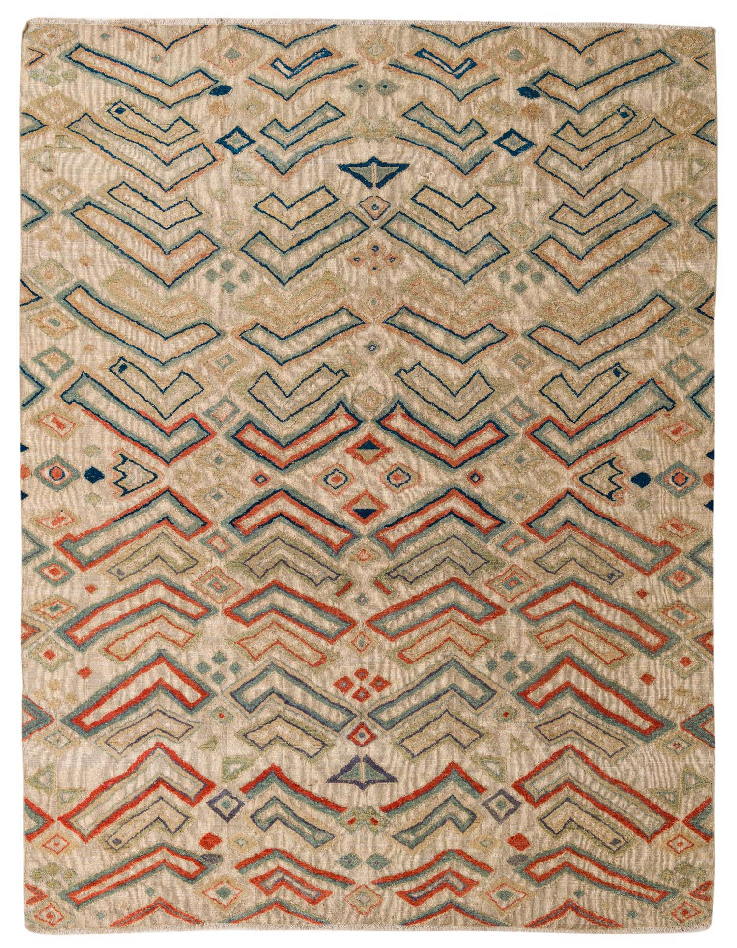 A 9x12 rectangular ivory wool rug with a modern abstract pattern of blue, red, and green geometric shapes.