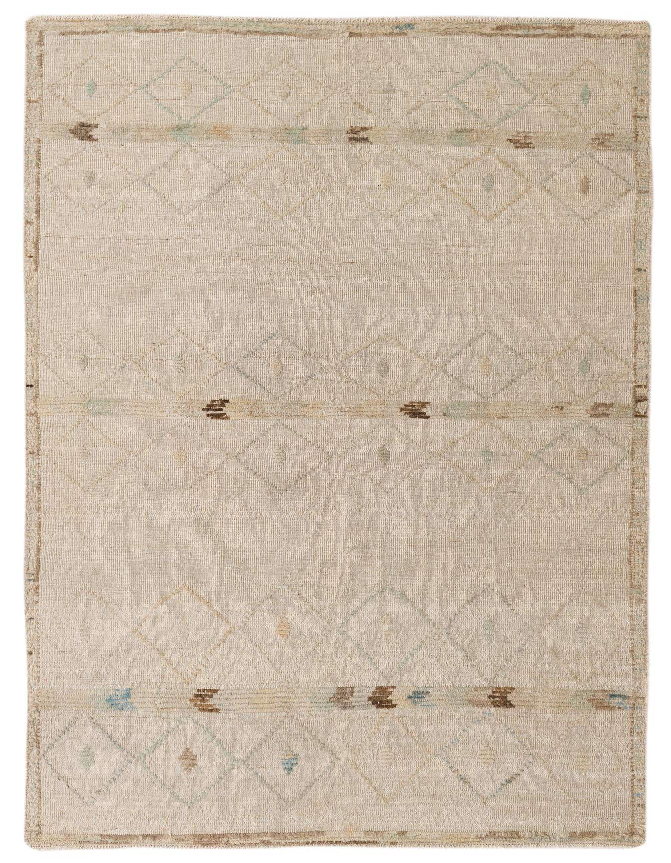 A 5x8 rectangular Darya rug in ivory and cream, featuring a subtle modern abstract diamond pattern with hints of blue and brown.