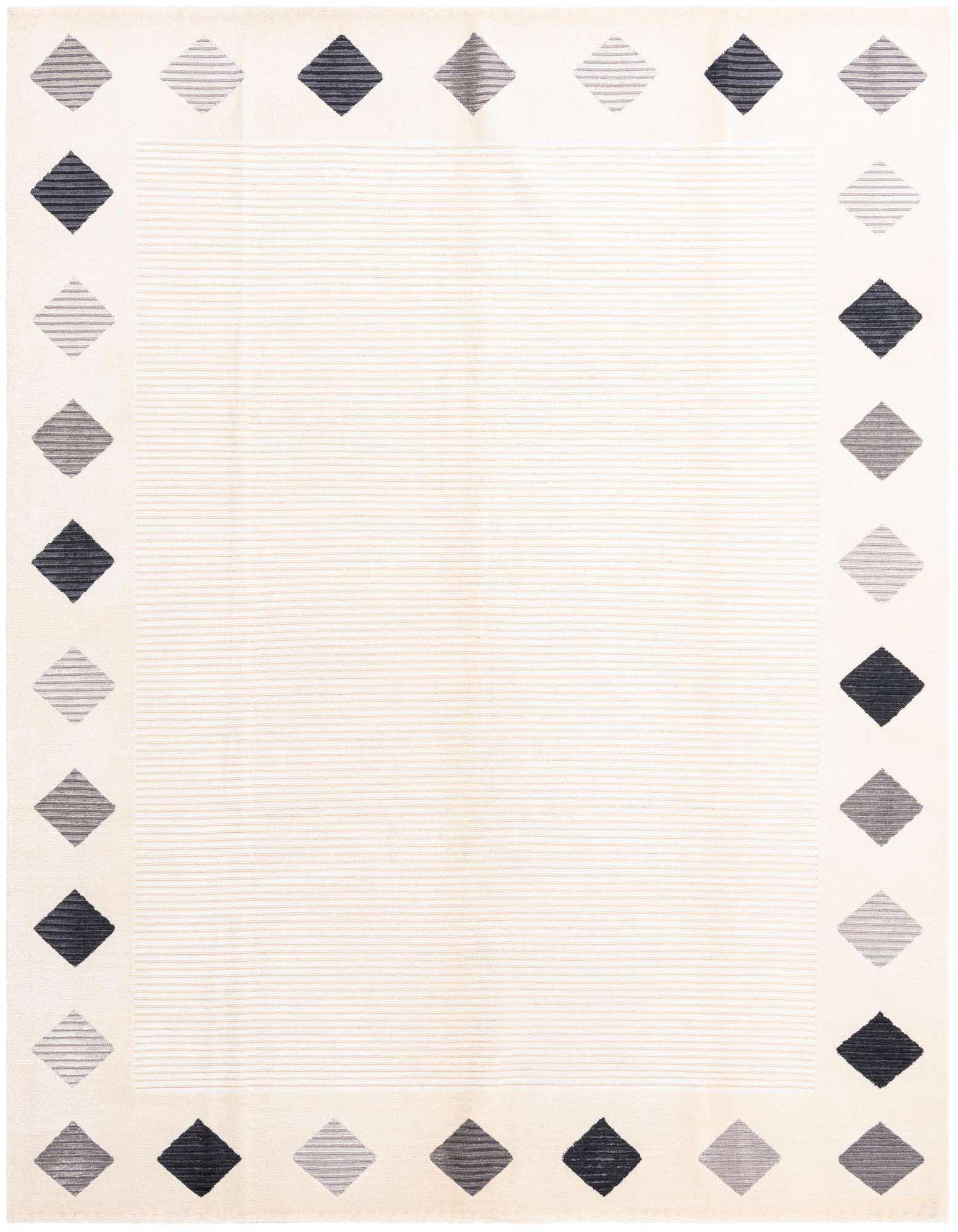 An 8x10 rectangular ivory wool rug featuring a modern Oriental design with a border of alternating dark gray and light gray diamond shapes.