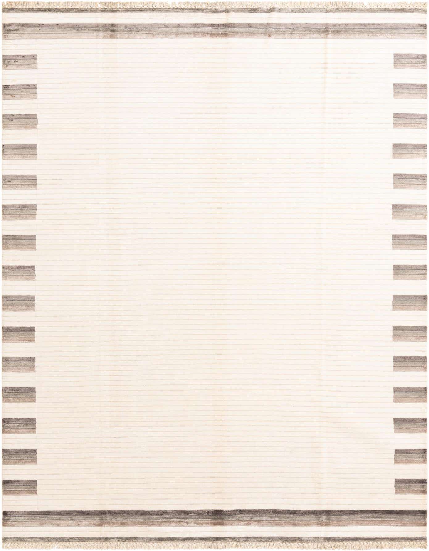 An 8x11 rectangular ivory wool rug with a modern oriental pattern, featuring subtle horizontal stripes and dark gray block borders.