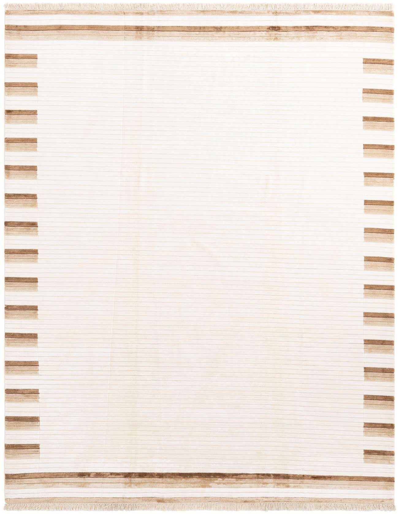 A 7x10 rectangular Darya rug in ivory and cream with thin horizontal stripes and brown block patterns on the sides, made of wool.