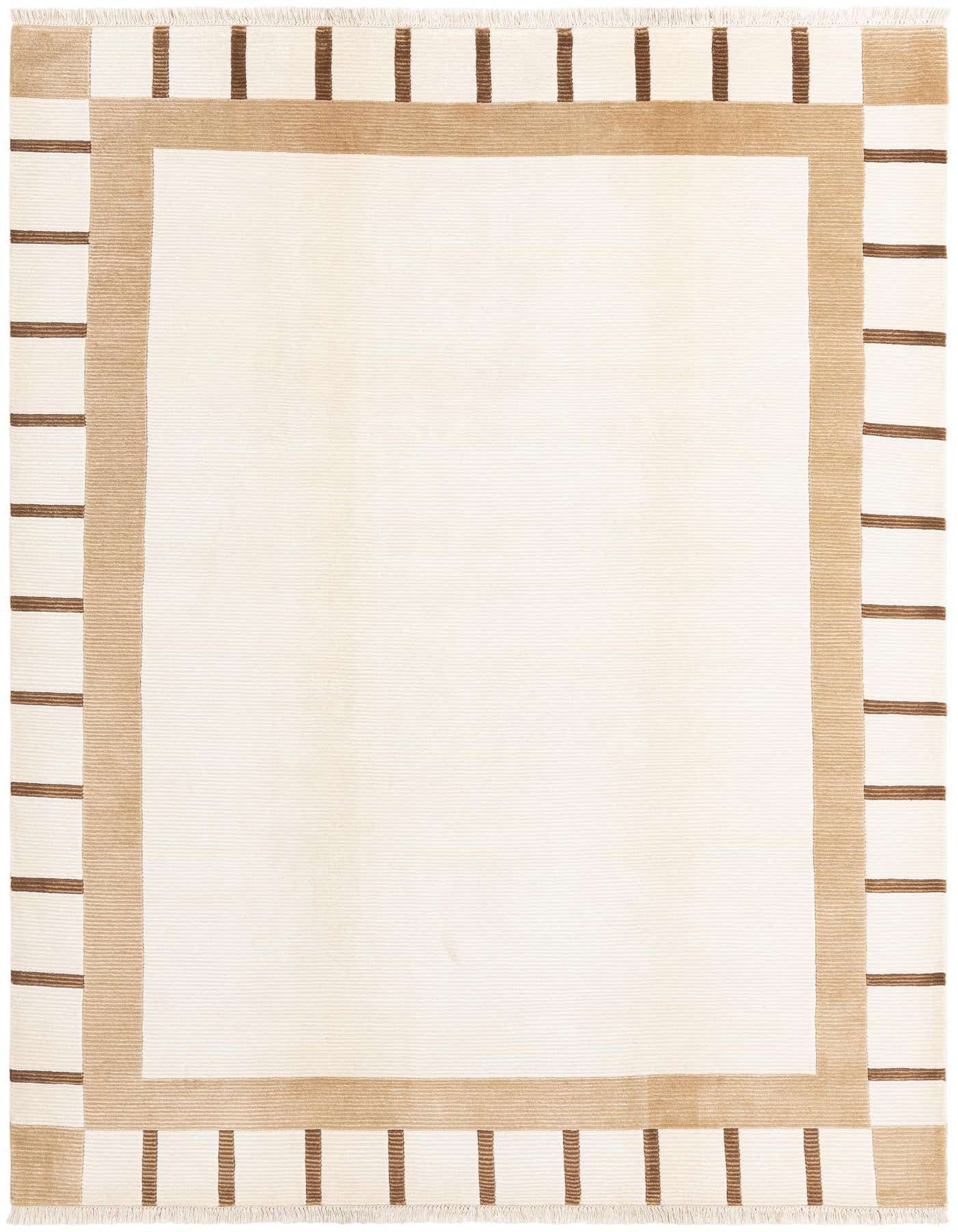 A 7x10 rectangular ivory and cream wool rug with a modern oriental design, featuring a wide tan border and thin brown stripes.