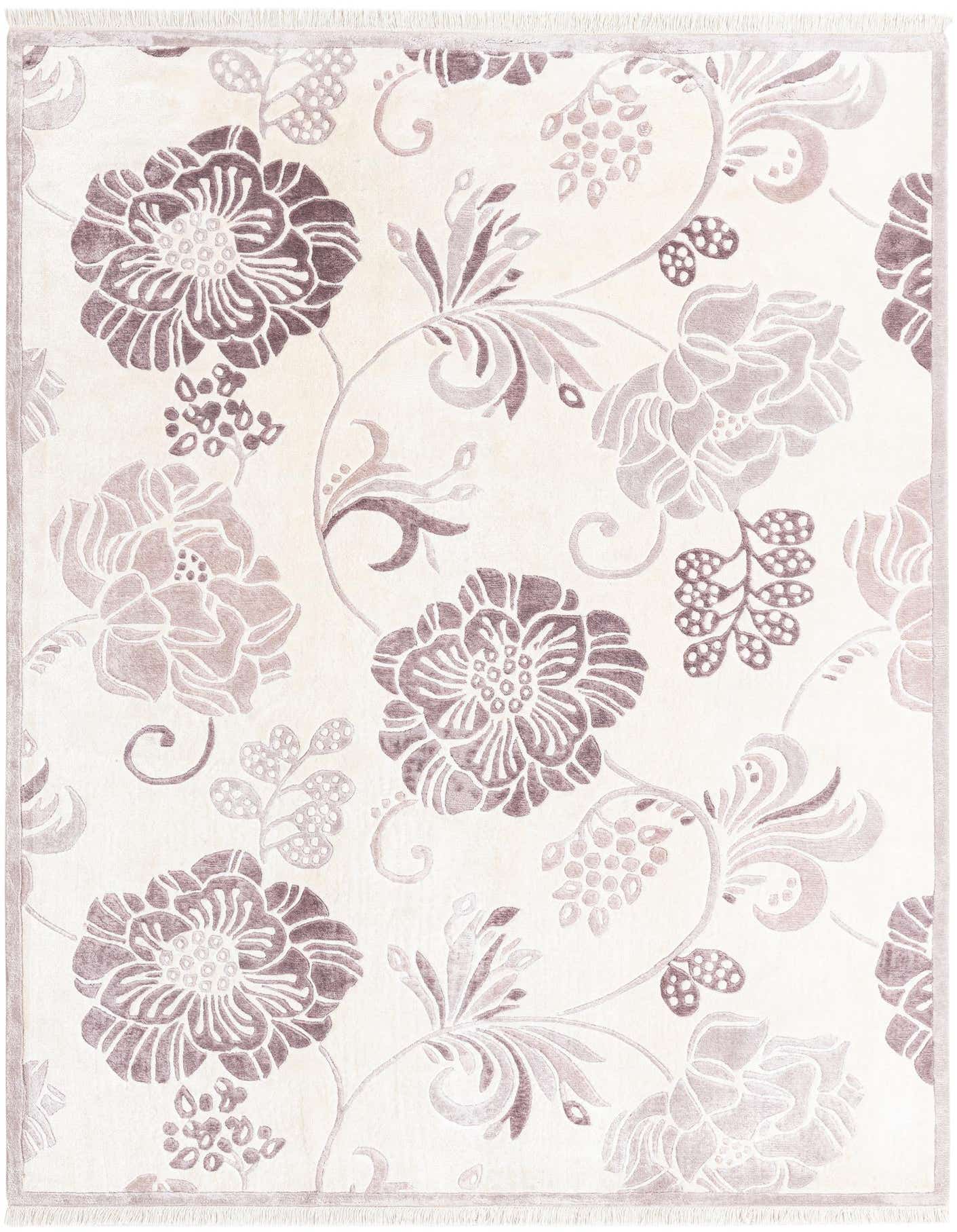 A 5x8 rectangular ivory wool rug with a modern oriental floral pattern in shades of cream and light brown.