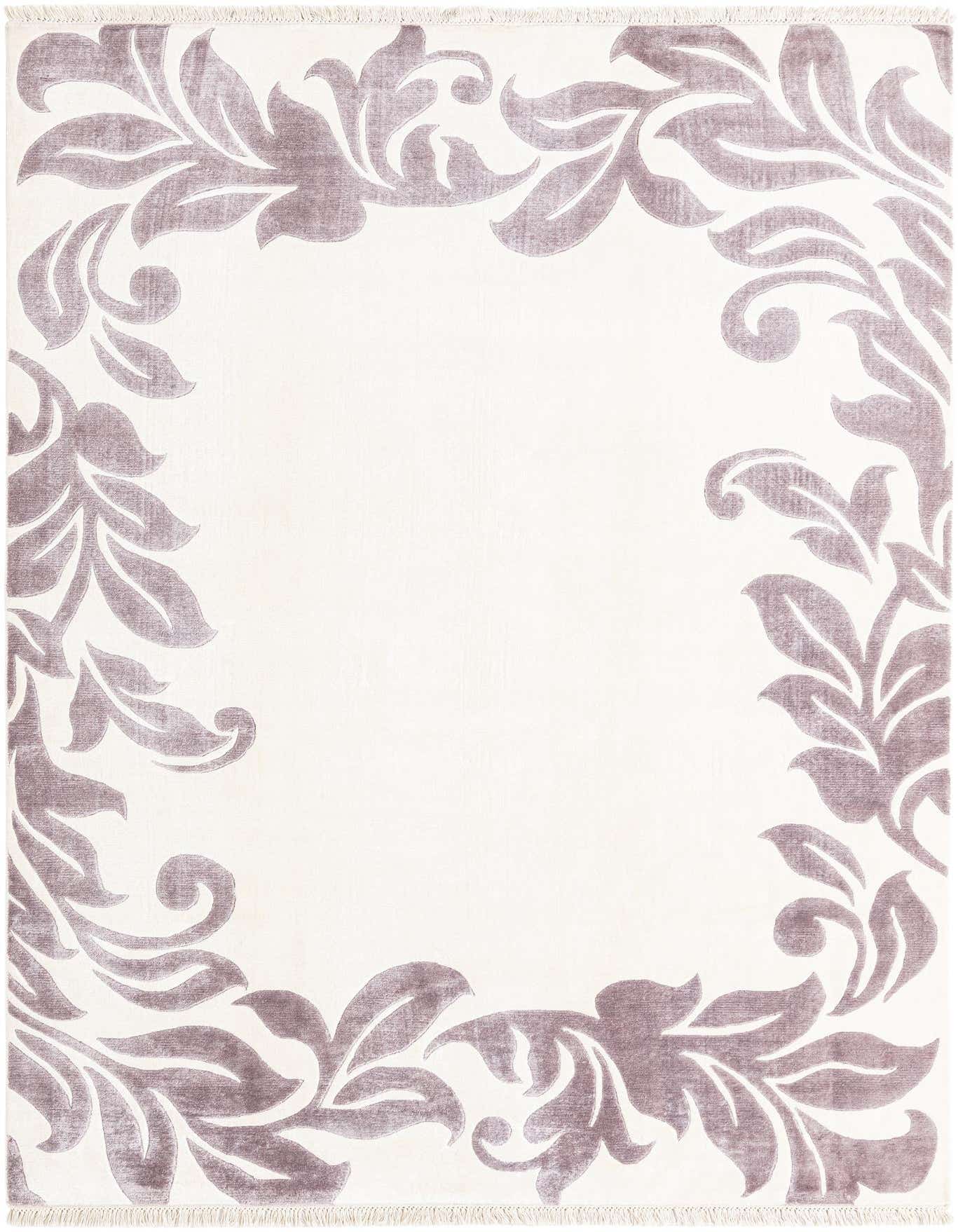A 5x8 rectangular ivory wool rug with a high pile, featuring a modern oriental border pattern of large, flowing gray-purple leaves and scrolls.