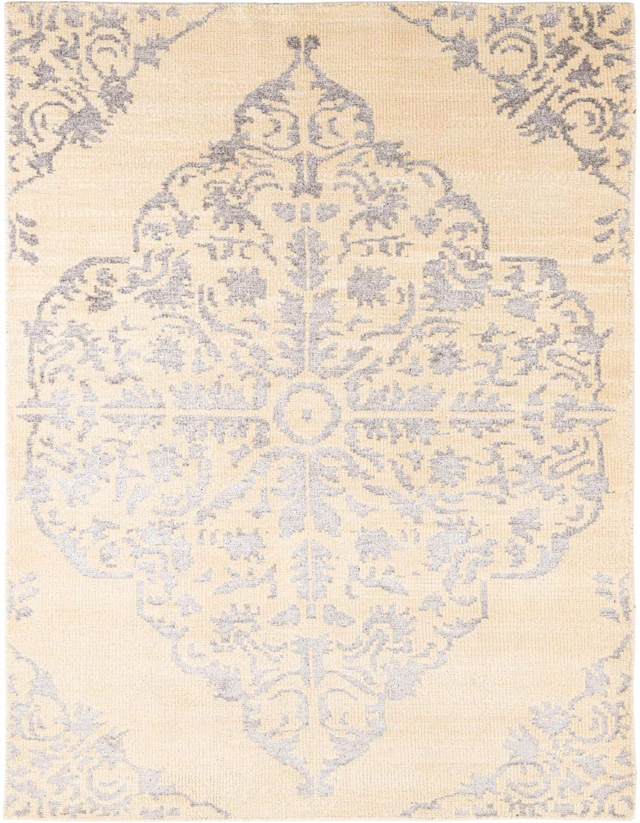 A 5x8 rectangular ivory area rug with a subtle gray traditional medallion pattern, ideal for a living room.