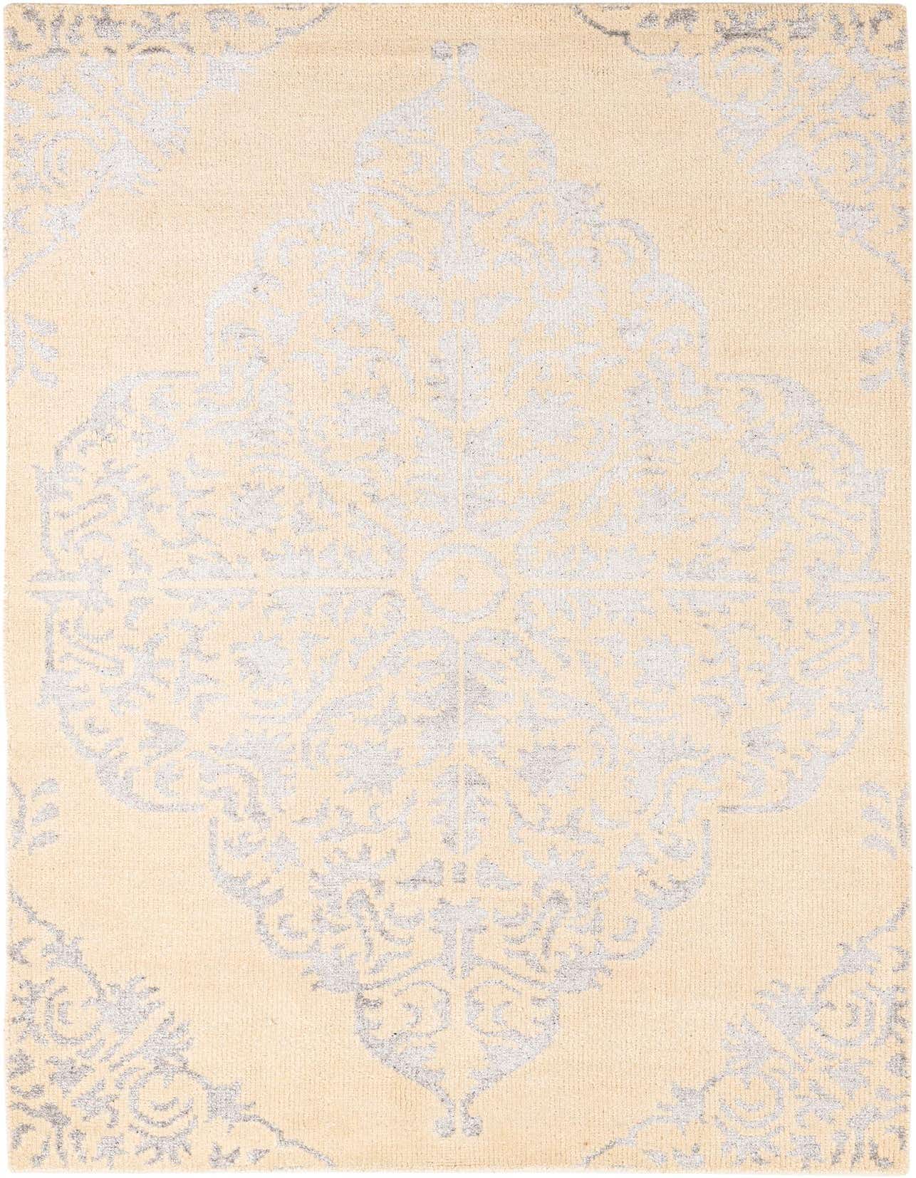 A 5x8 rectangular ivory area rug with a subtle cream traditional medallion pattern, ideal for a living room.