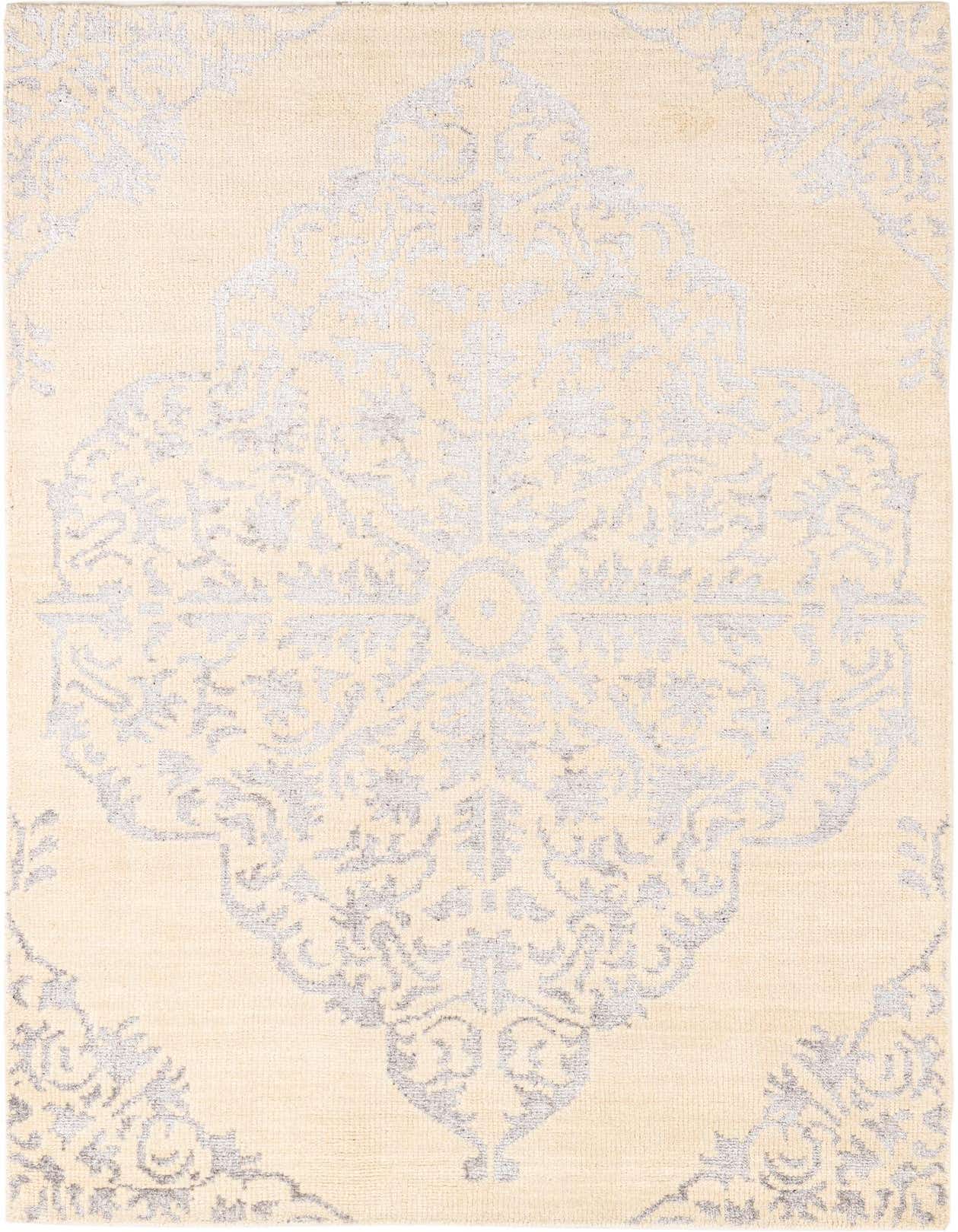 A 5x8 rectangular ivory area rug with a subtle gray traditional medallion pattern, ideal for a living room.