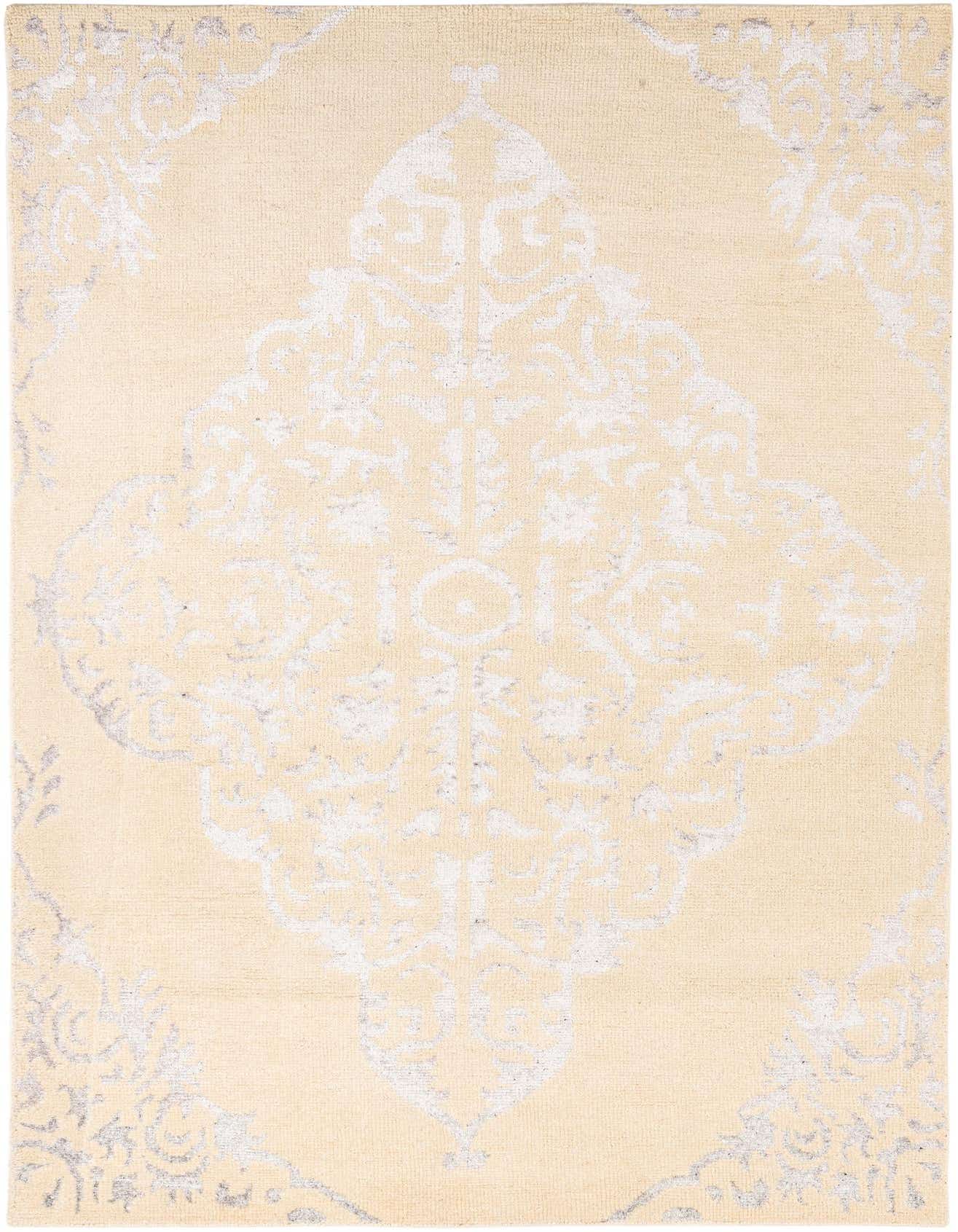 A 6x9 rectangular Darya rug in ivory and cream with a white traditional medallion pattern, ideal for a living room.