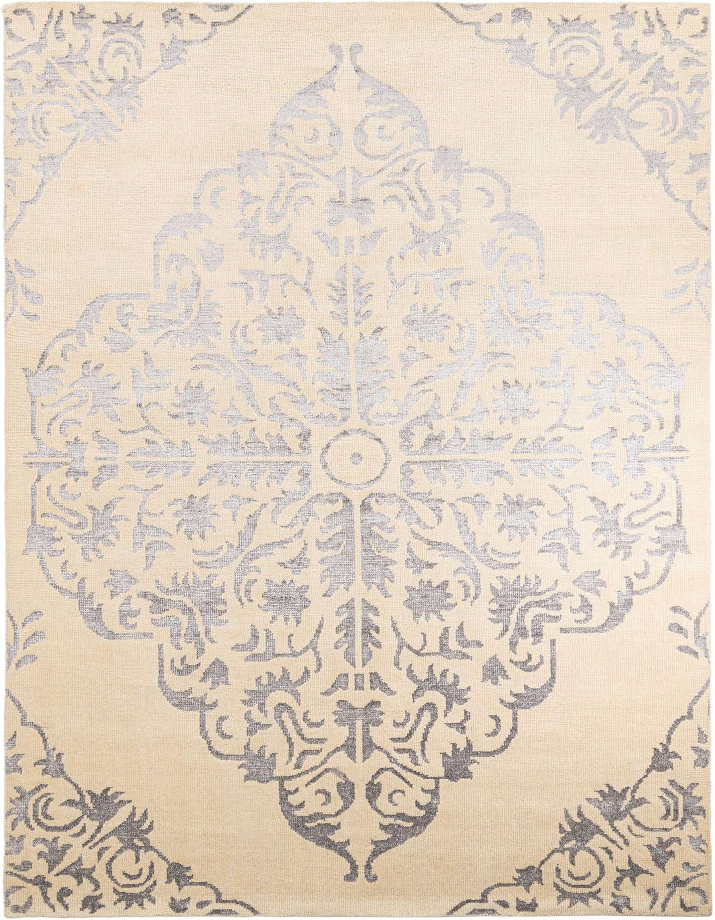 A 9x12 rectangular ivory and cream area rug with a large, light gray modern medallion pattern, suitable for a living room.