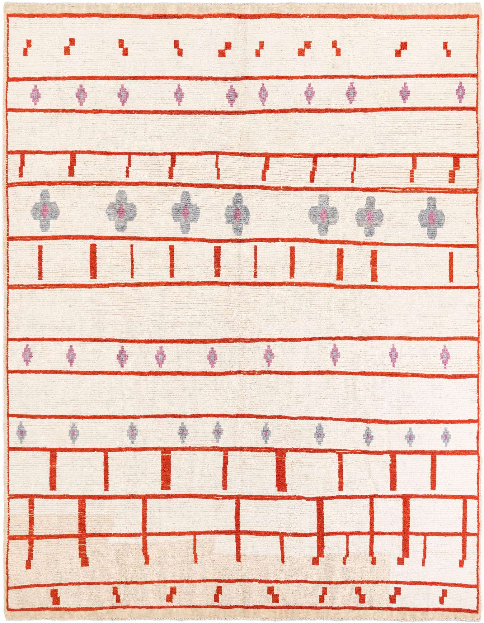 A 9x11 rectangular ivory wool rug with a modern pattern of red horizontal lines and small grey and pink floral motifs.