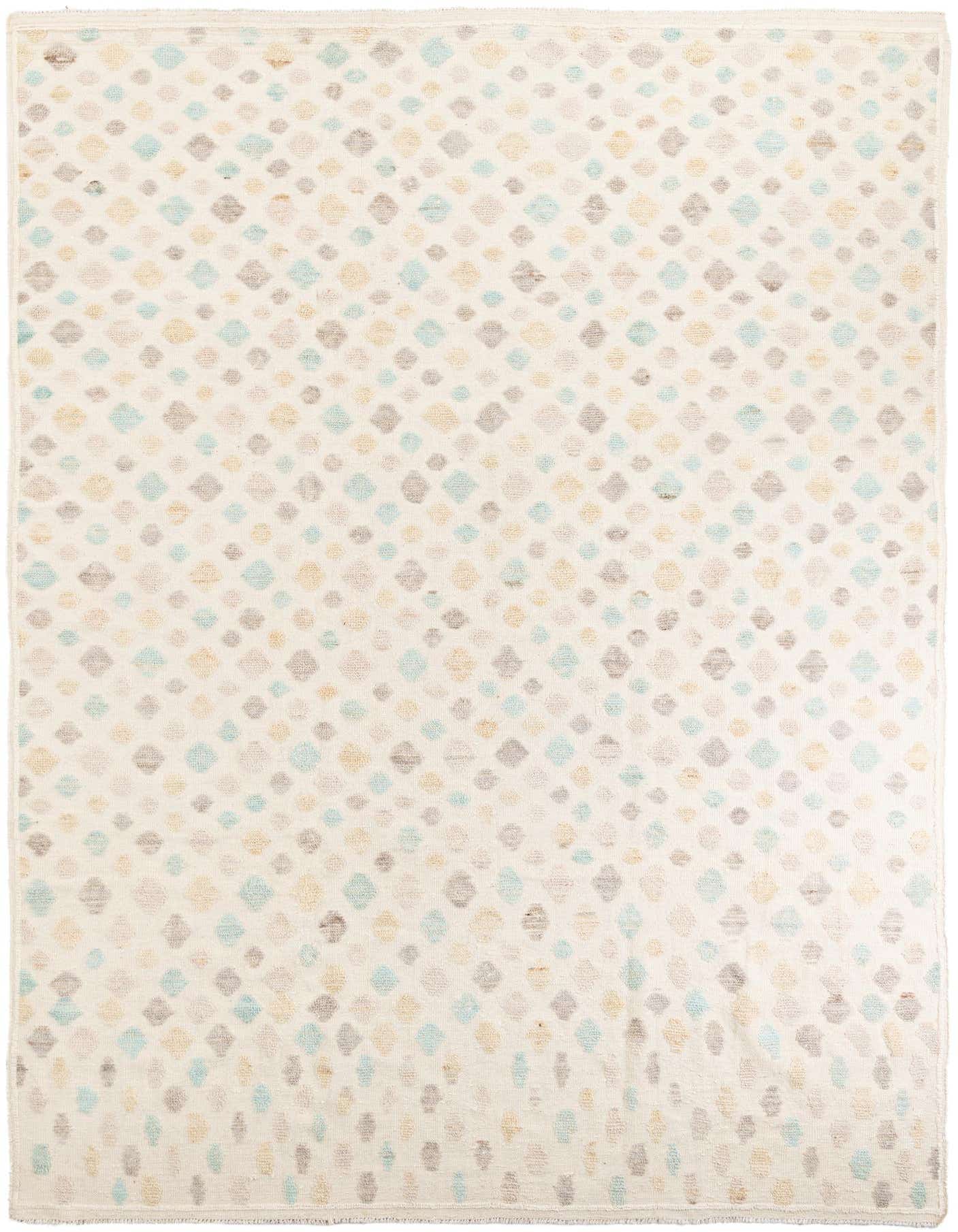 A 9x12 rectangular ivory wool rug with a modern pattern of scattered light blue, gold, and grey diamond shapes.