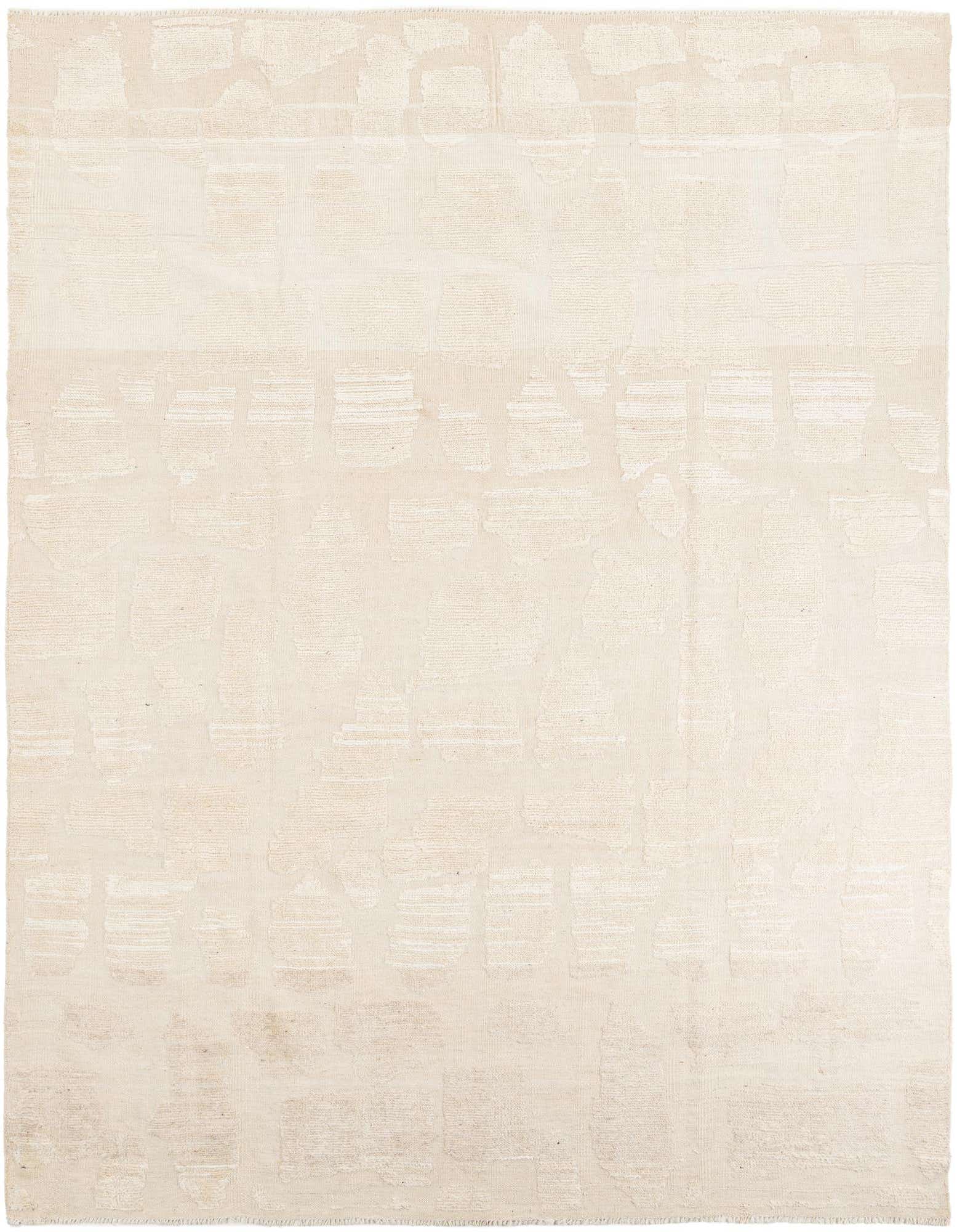 A rectangular 8x10 ivory wool rug with a subtle abstract pattern, perfect for a modern living room.
