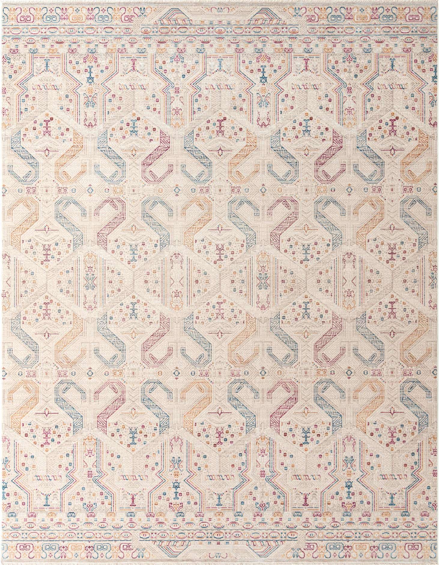 A 10x14 rectangular ivory rug with a colorful tribal geometric pattern in blue, orange, and red hues.