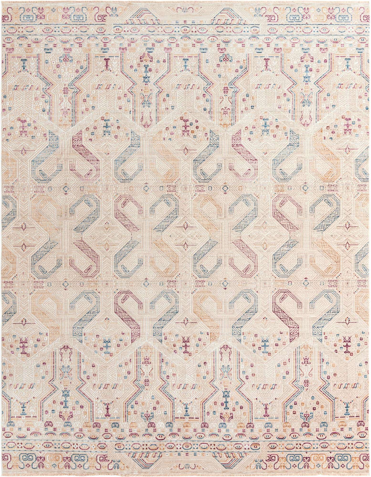 A 9x12 rectangular Deepa rug from Rugs.com with an ivory background and a colorful tribal, modern, and vintage pattern.