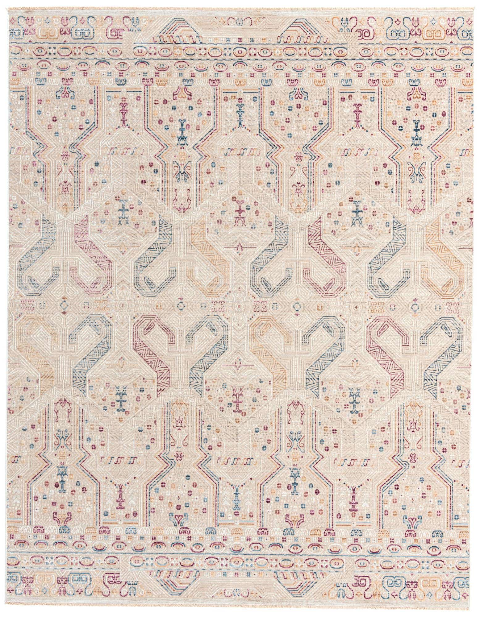 An 8x10 rectangular ivory rug with a modern tribal pattern in muted blues, reds, and yellows, featuring a flat, textured pile.