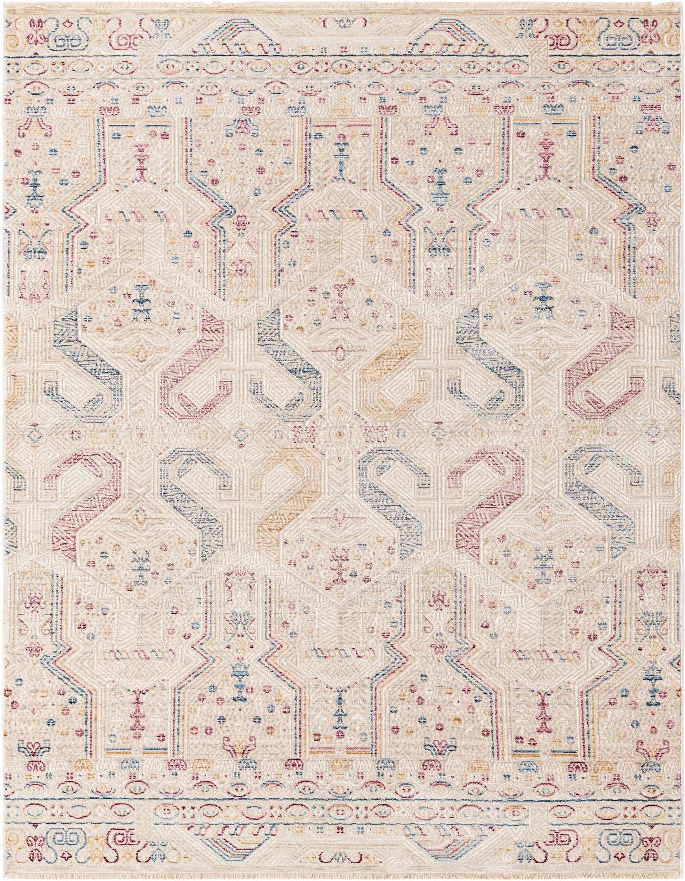 A 5x8 rectangular ivory rug with a modern tribal pattern in muted blues, reds, and yellows.