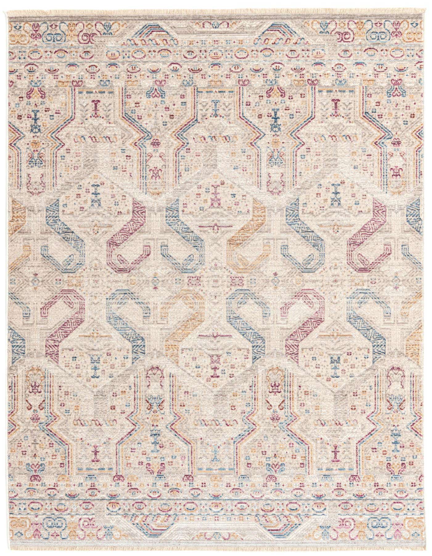 A 4x6 rectangular ivory rug with a modern tribal pattern in blue, red, and gold, featuring a textured pile.