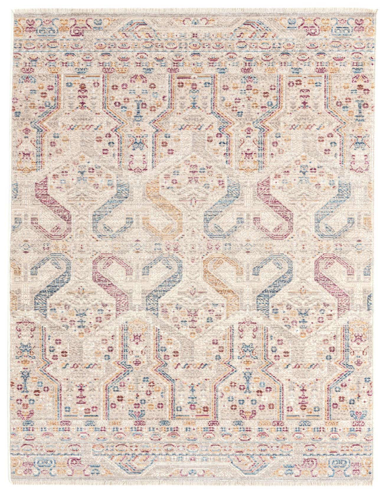 A 3x5 rectangular Deepa rug from Rugs.com with an ivory background and a colorful tribal pattern in blues, yellows, and purples.