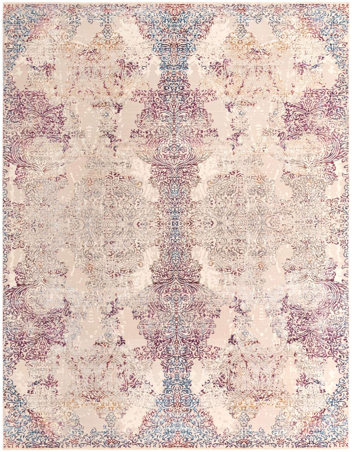 A 10x14 rectangular Deepa rug with an ivory and cream background, featuring a distressed traditional pattern in shades of purple, blue, and subtle gold.