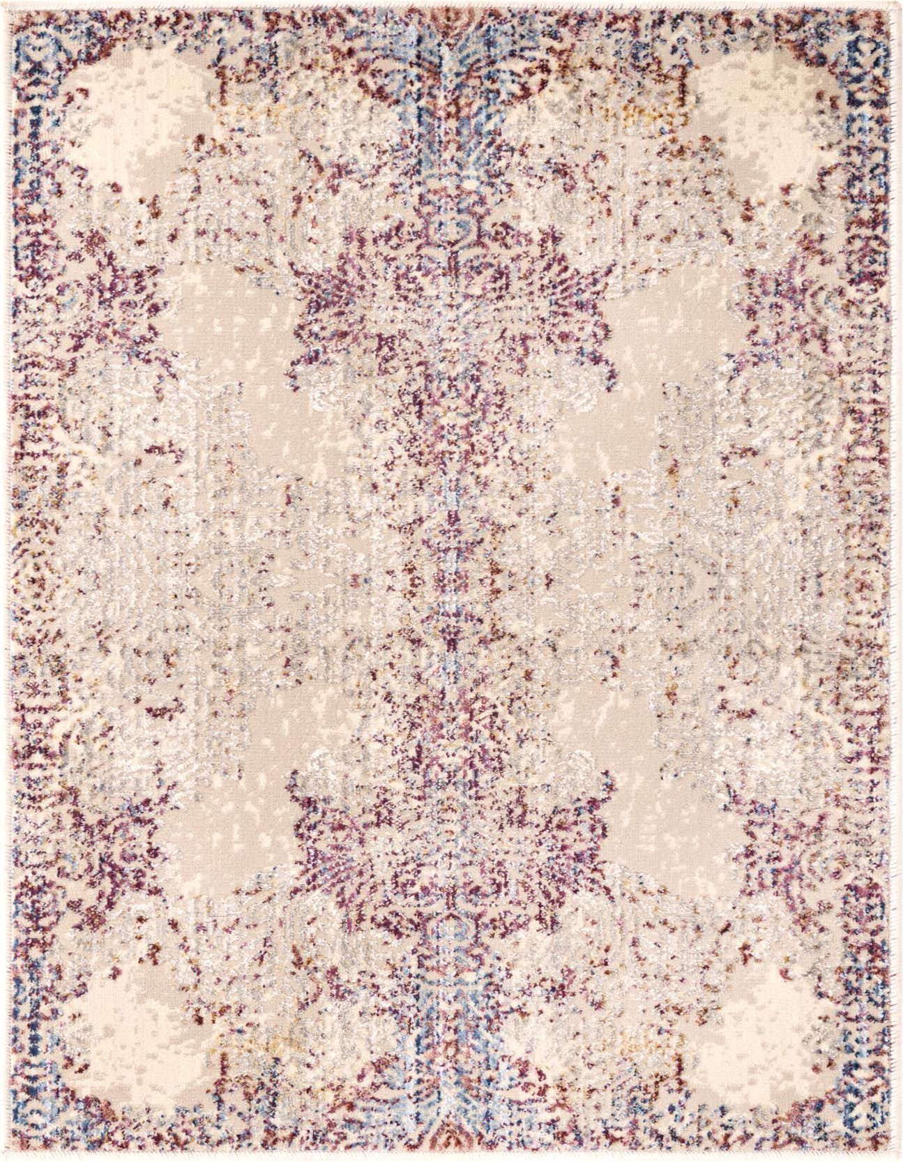 A 2x3 rectangular Rugs.com Deepa rug featuring a distressed traditional pattern in shades of ivory, cream, white, and subtle hints of purple and blue.