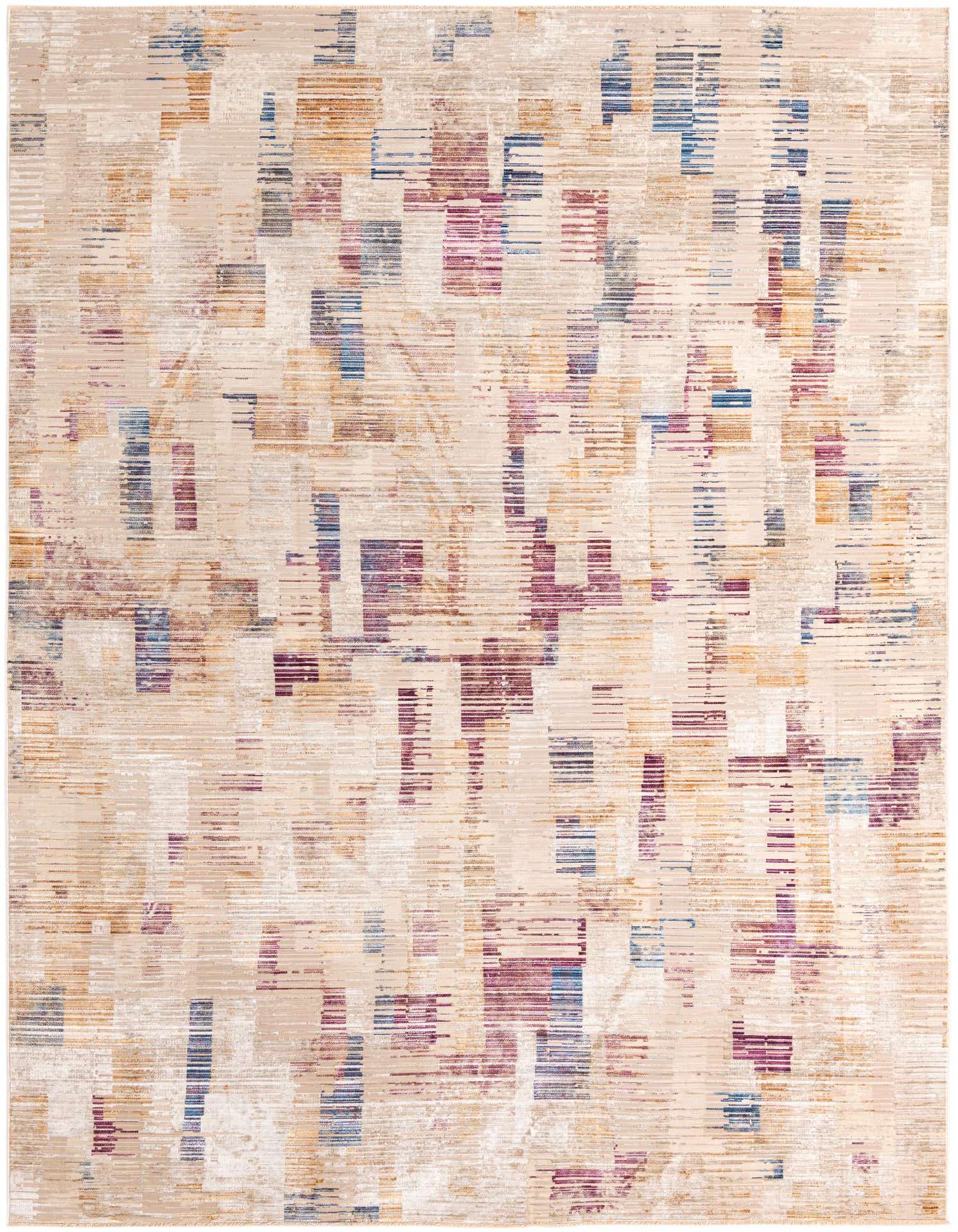A 10x14 rectangular Deepa rug from Rugs.com, featuring an industrial modern stripe pattern in ivory, cream, white, blue, and purple tones.