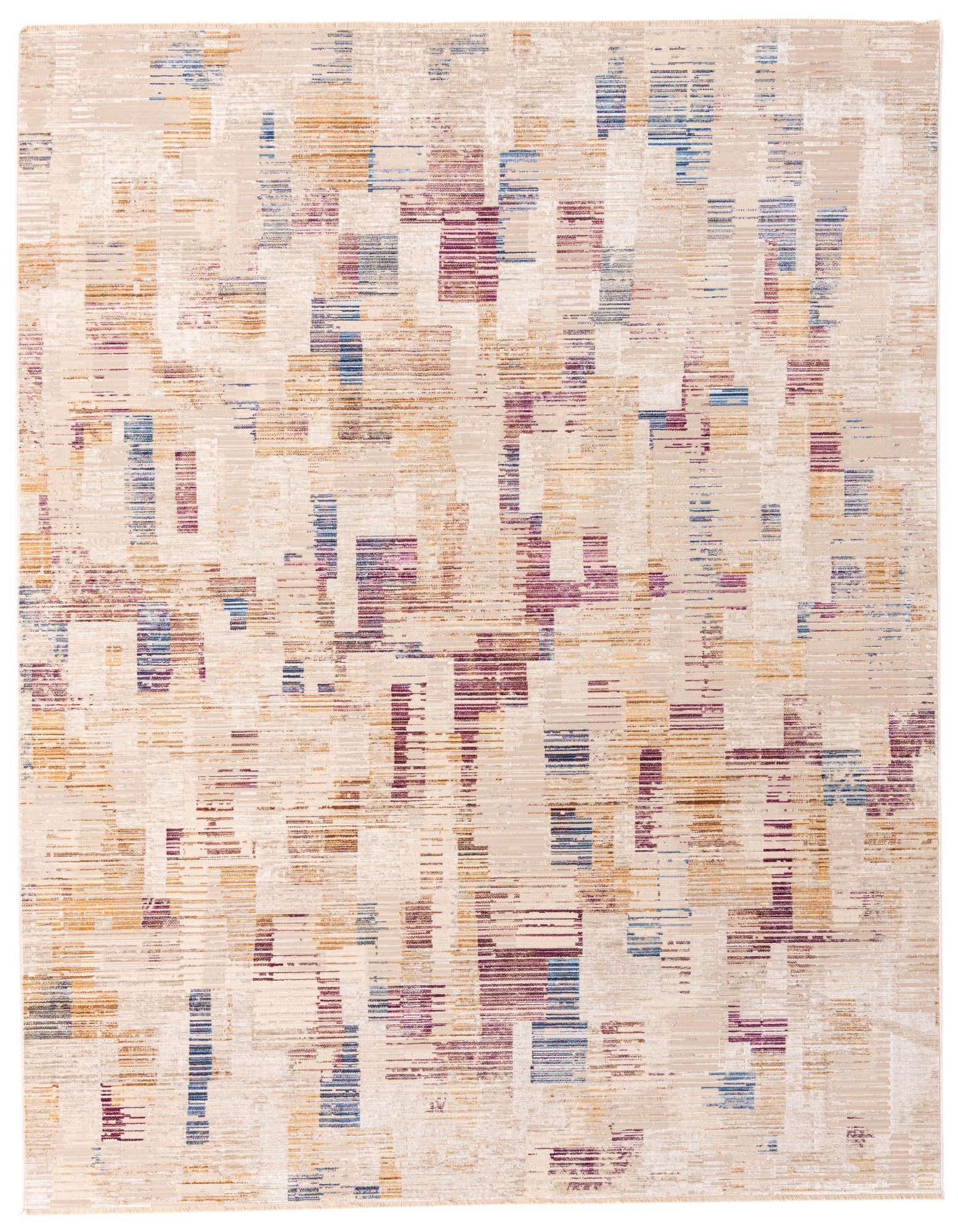 An 8x10 rectangular Deepa rug featuring an abstract industrial stripe pattern in ivory, cream, blue, purple, and gold.
