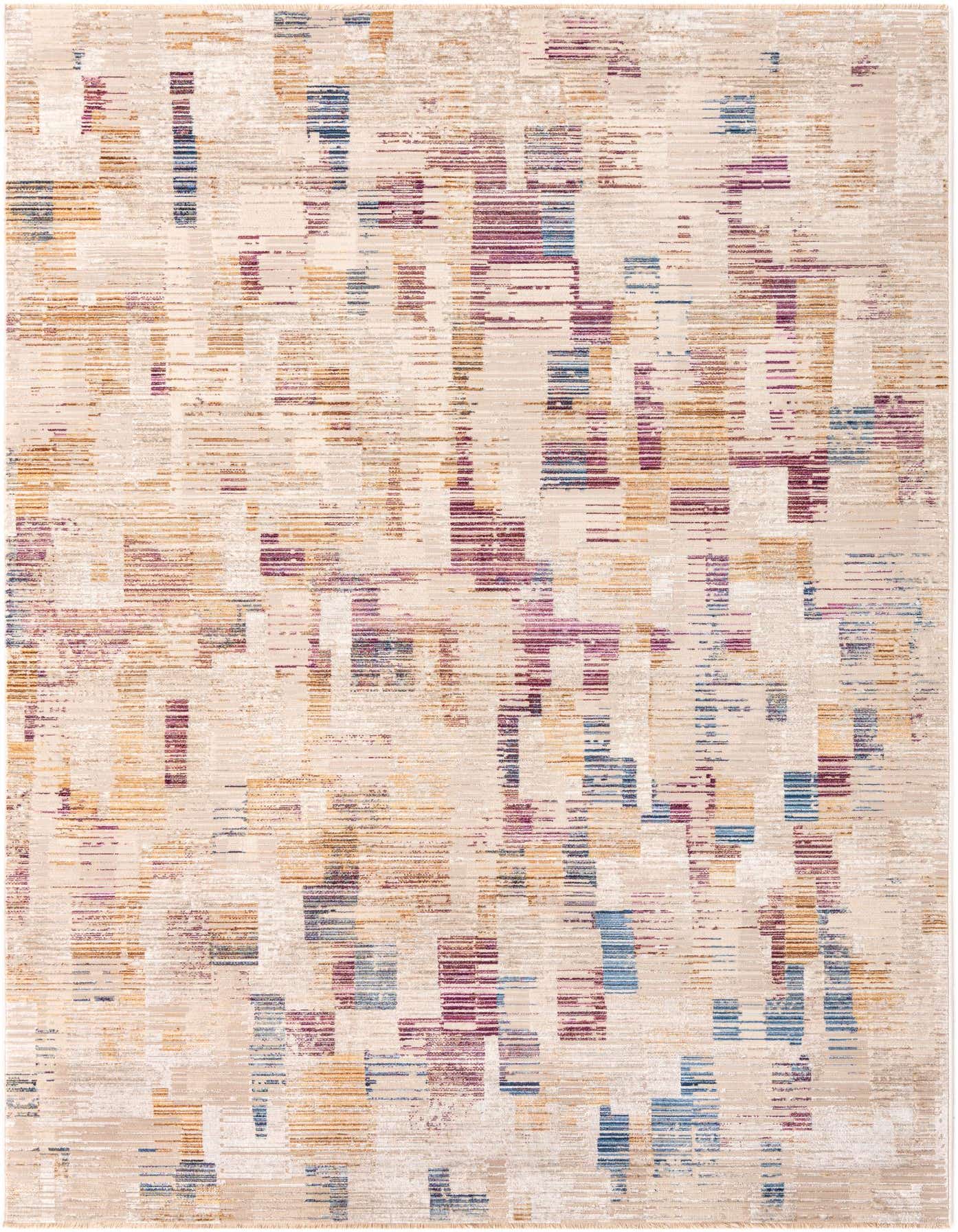 A 6x9 rectangular Deepa rug from Rugs.com with an ivory and cream base, featuring a modern, industrial stripe pattern in blue, purple, and gold.
