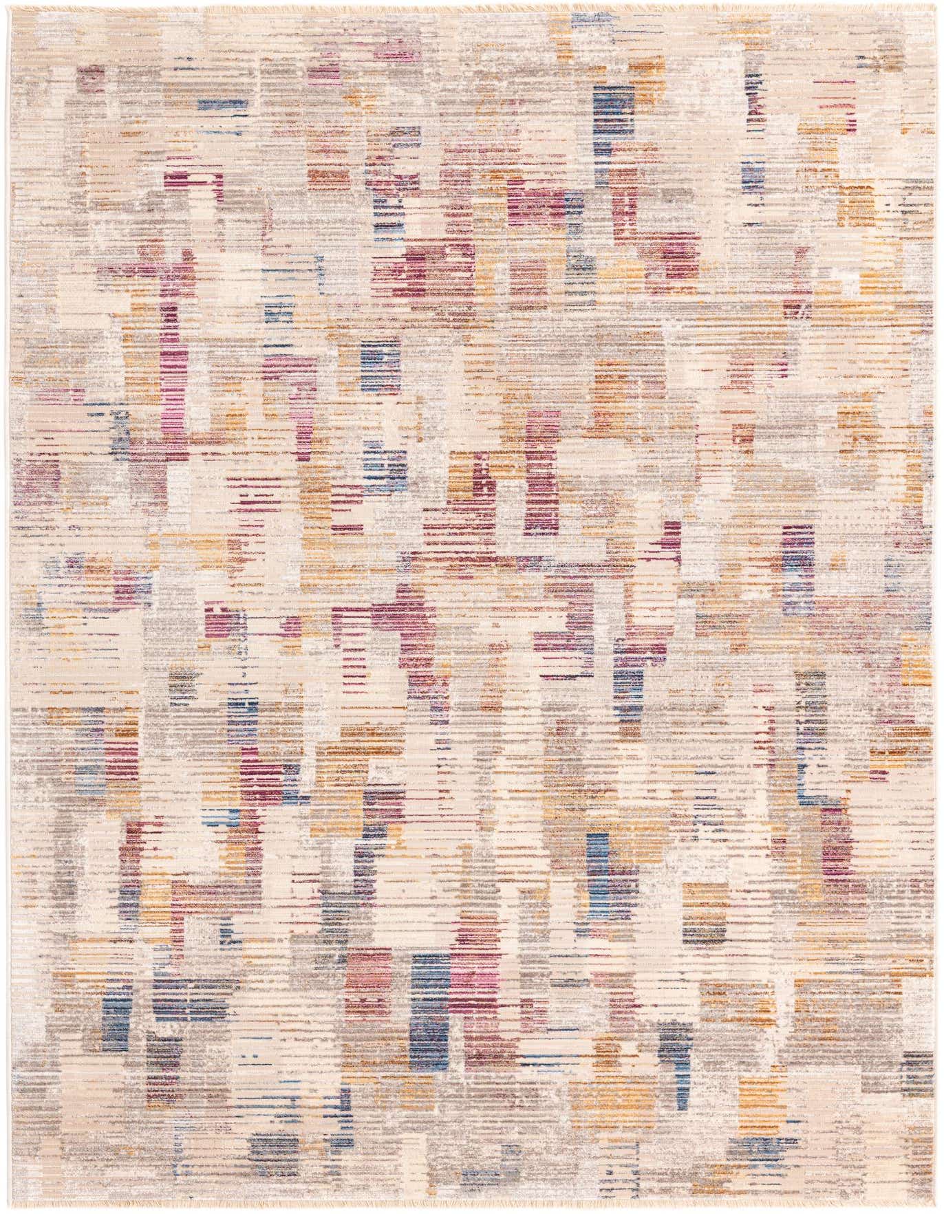 A 5x8 rectangular ivory area rug with a modern industrial stripe pattern in shades of cream, blue, pink, and gold.