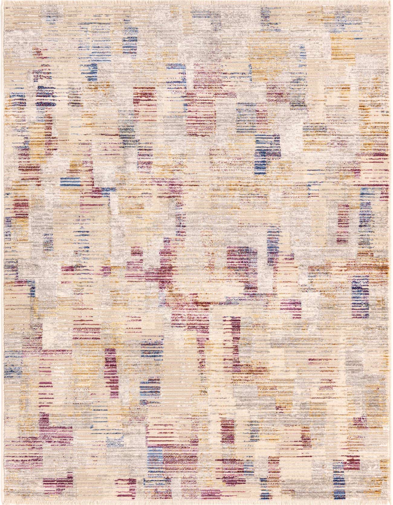 A 3x5 rectangular Deepa rug from Rugs.com featuring an abstract industrial stripe pattern in ivory, cream, white, blue, and red tones.