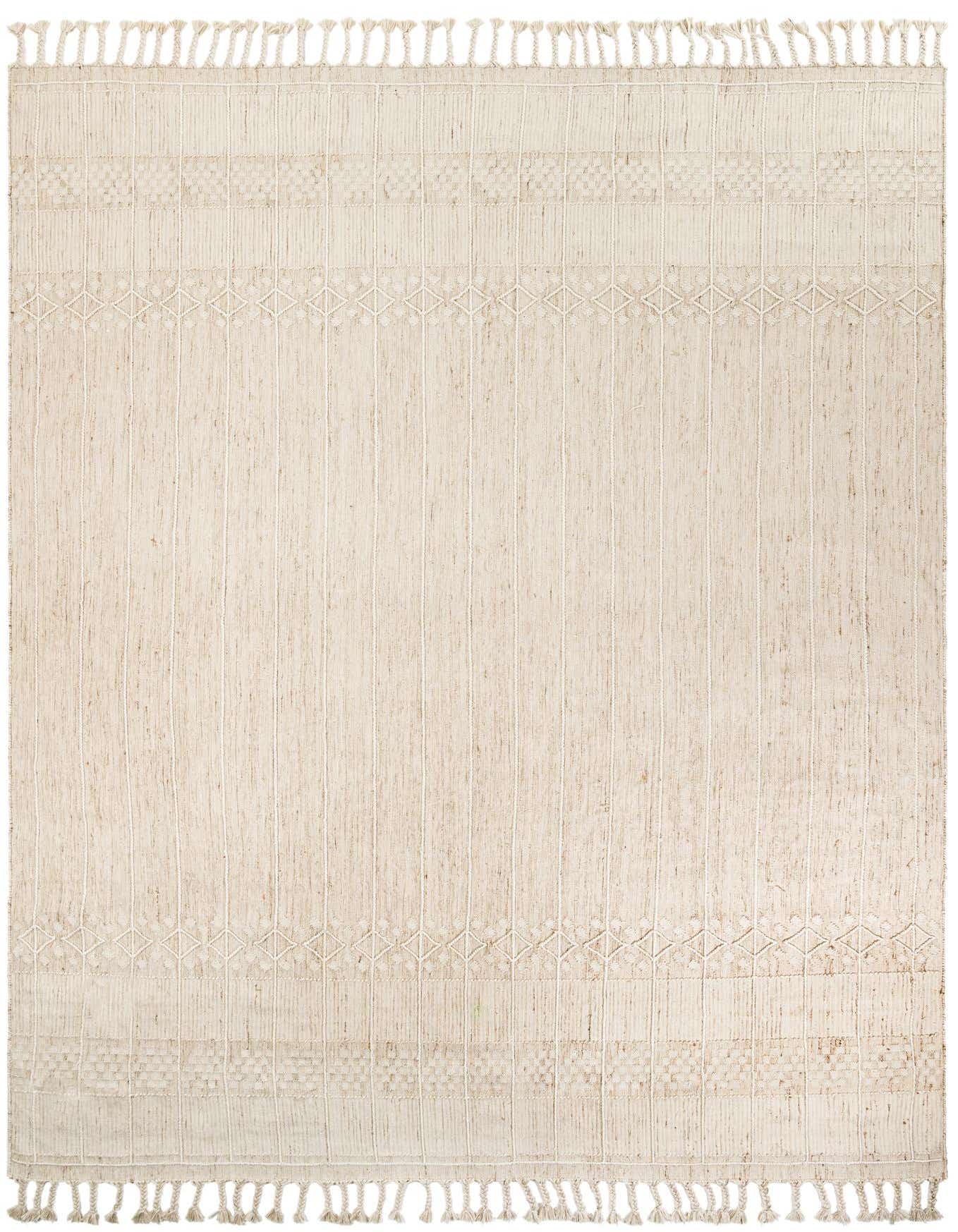 A 10x14 rectangular ivory and cream bohemian rug with subtle stripes and geometric patterns, featuring fringe.
