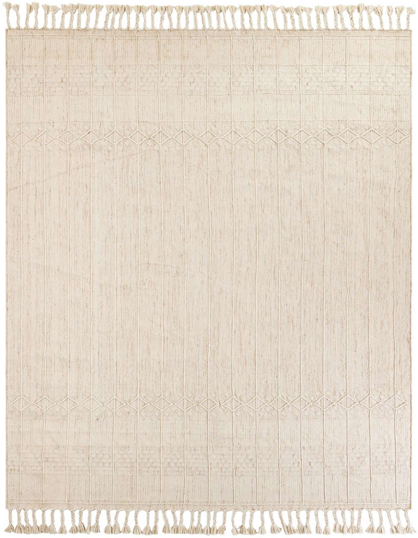 A 9x12 rectangular ivory bohemian rug with textured stripes and diamond patterns, featuring tassels on the ends.