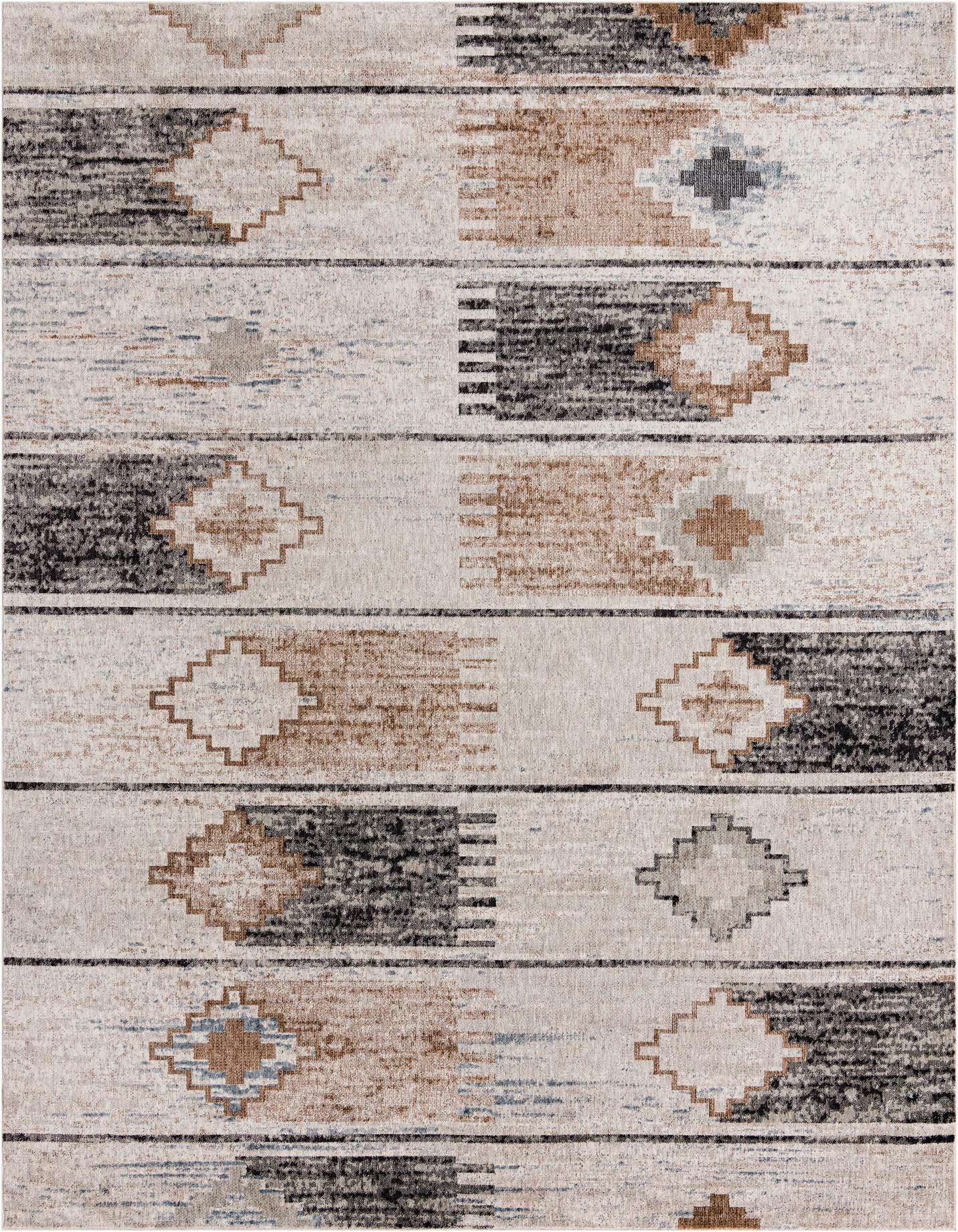 A 10x13 rectangular Eco Southwestern rug featuring a tribal stripe pattern in ivories, creams, browns, and grays.