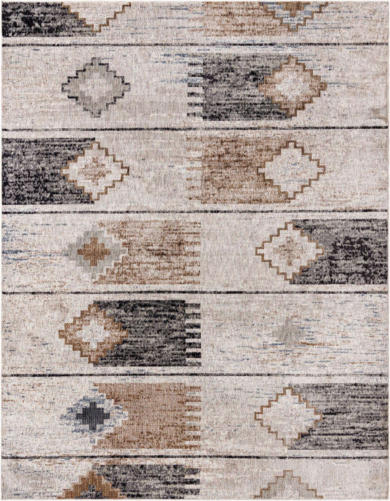 An 8x10 rectangular Eco Southwestern rug featuring tribal stripes in ivory, cream, brown, and grey tones.