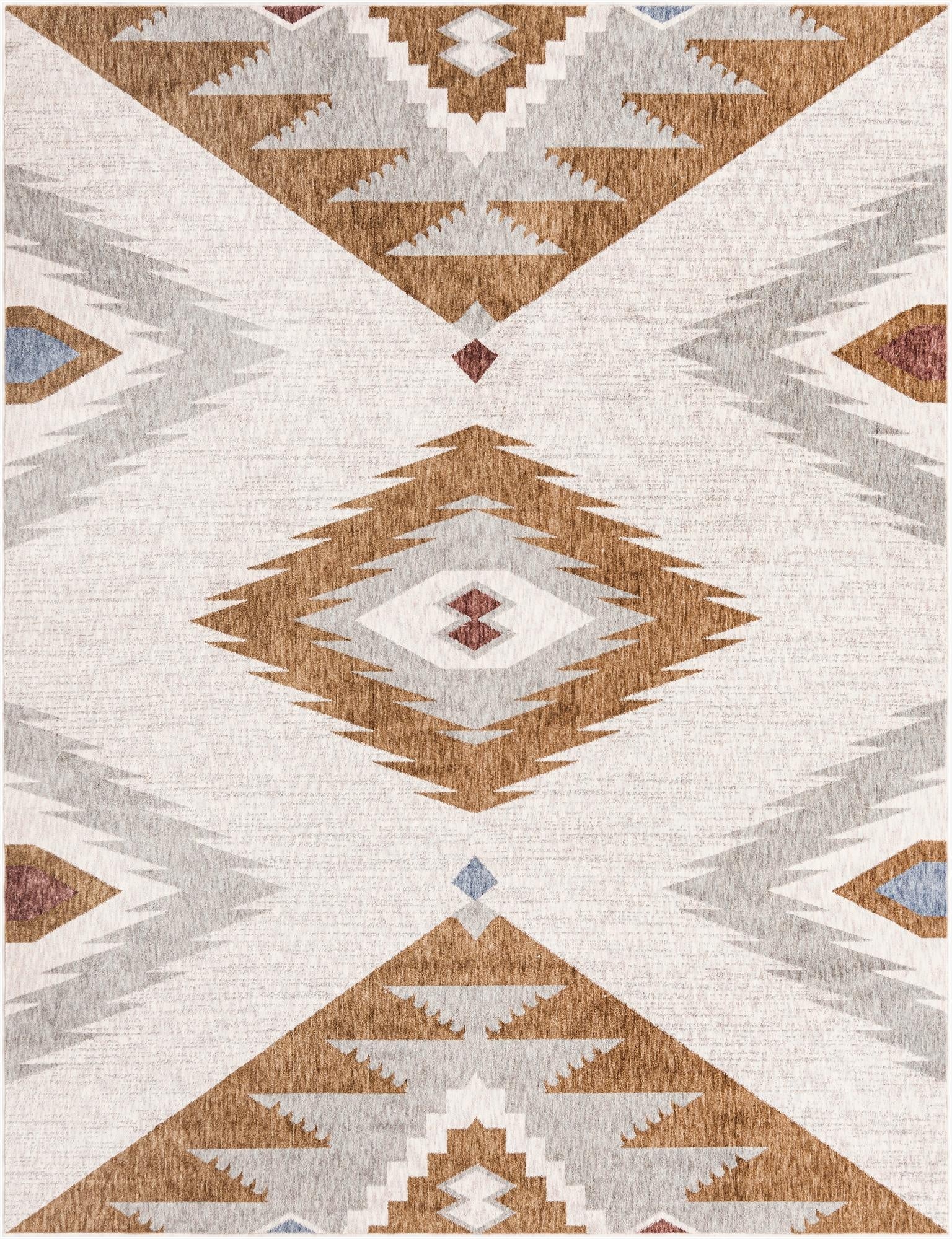 An 8x10 rectangular Eco Southwestern rug featuring a tribal medallion pattern in ivory, cream, and brown tones with subtle blue and burgundy accents.
