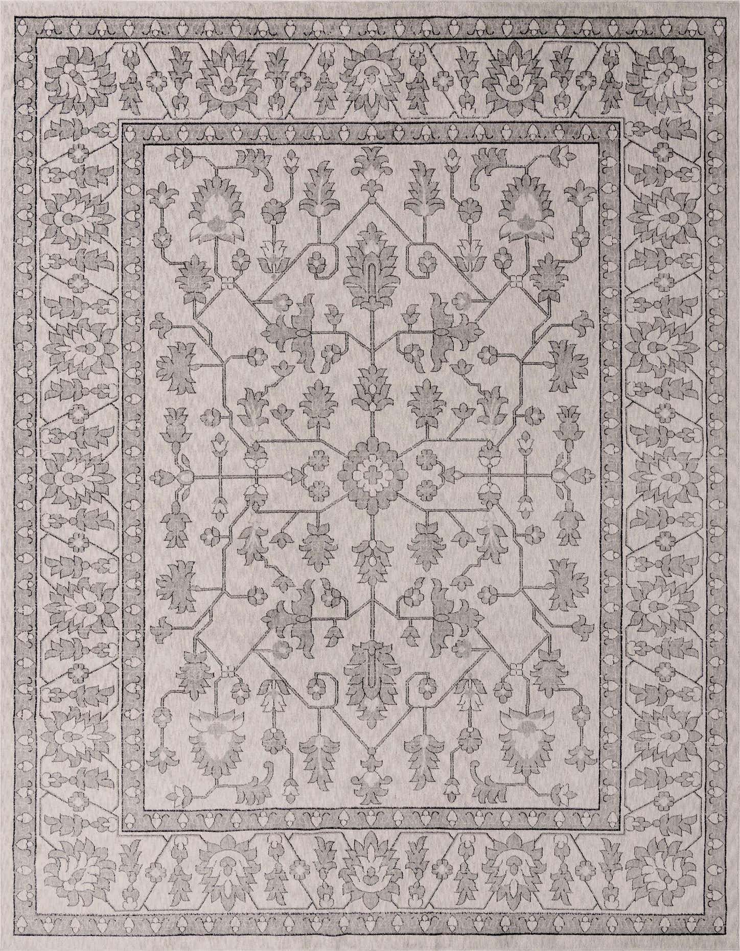 A 10x13 rectangular ivory and cream rug with a traditional floral and trellis pattern, featuring a detailed border.