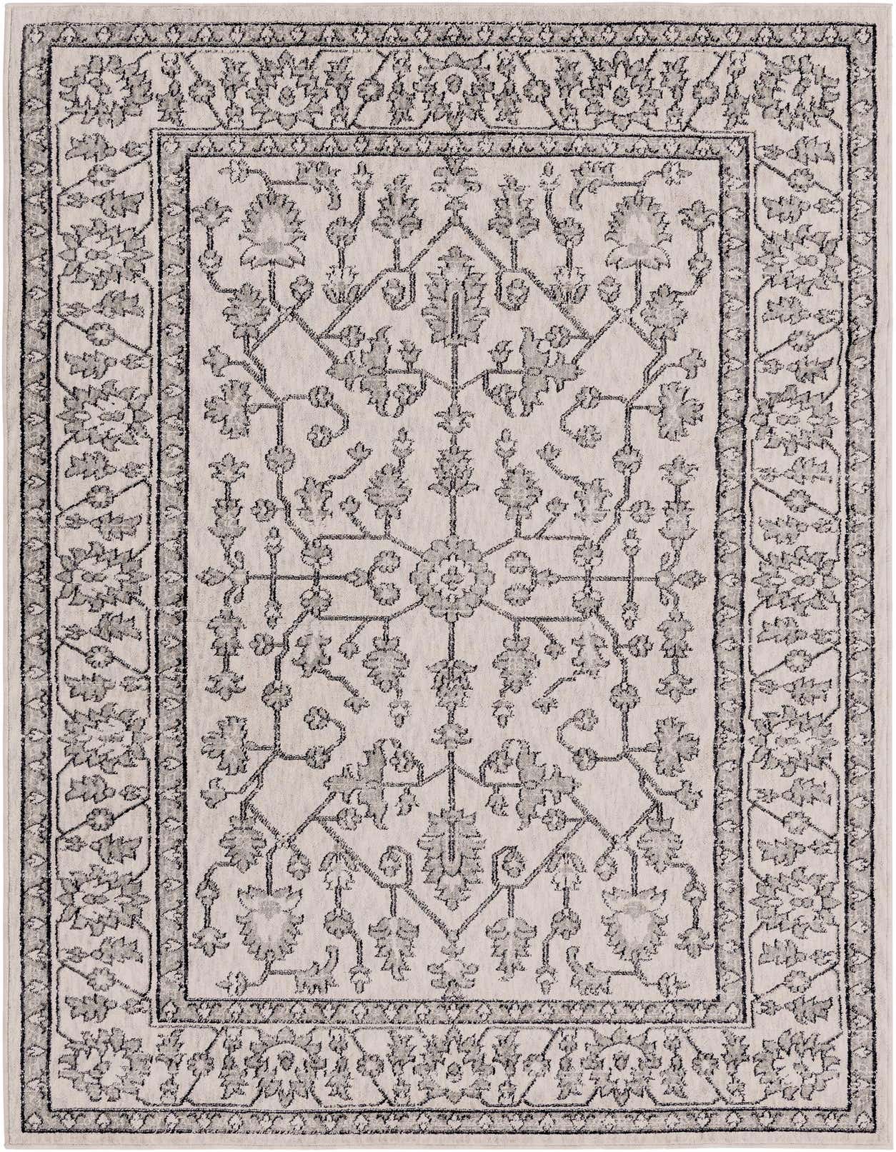 A 5x8 rectangular ivory area rug with a traditional floral and trellis pattern in charcoal gray, suitable for a living room.