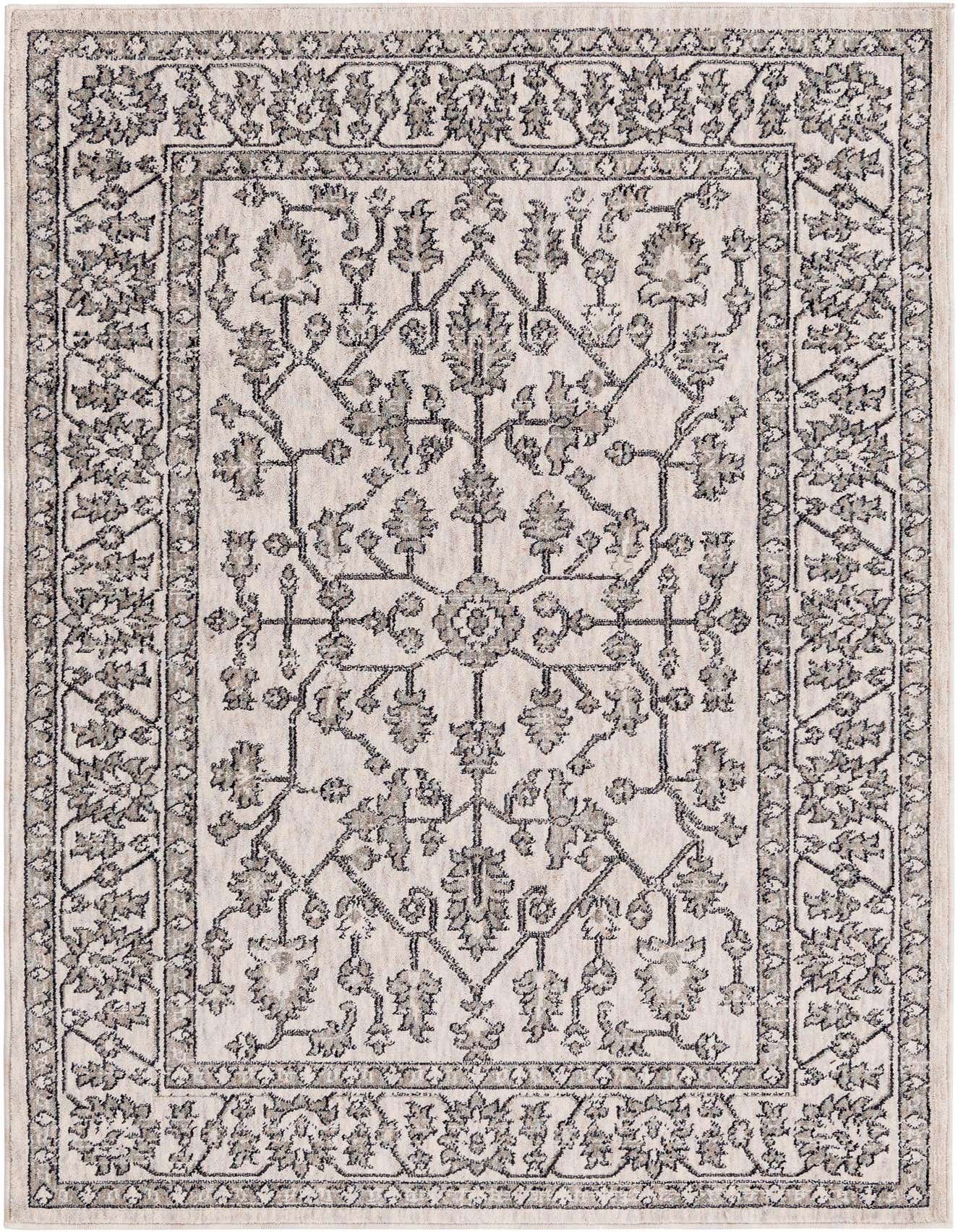 A 4x6 rectangular ivory and cream rug with a traditional trellis pattern and a decorative border, suitable for various indoor rooms.