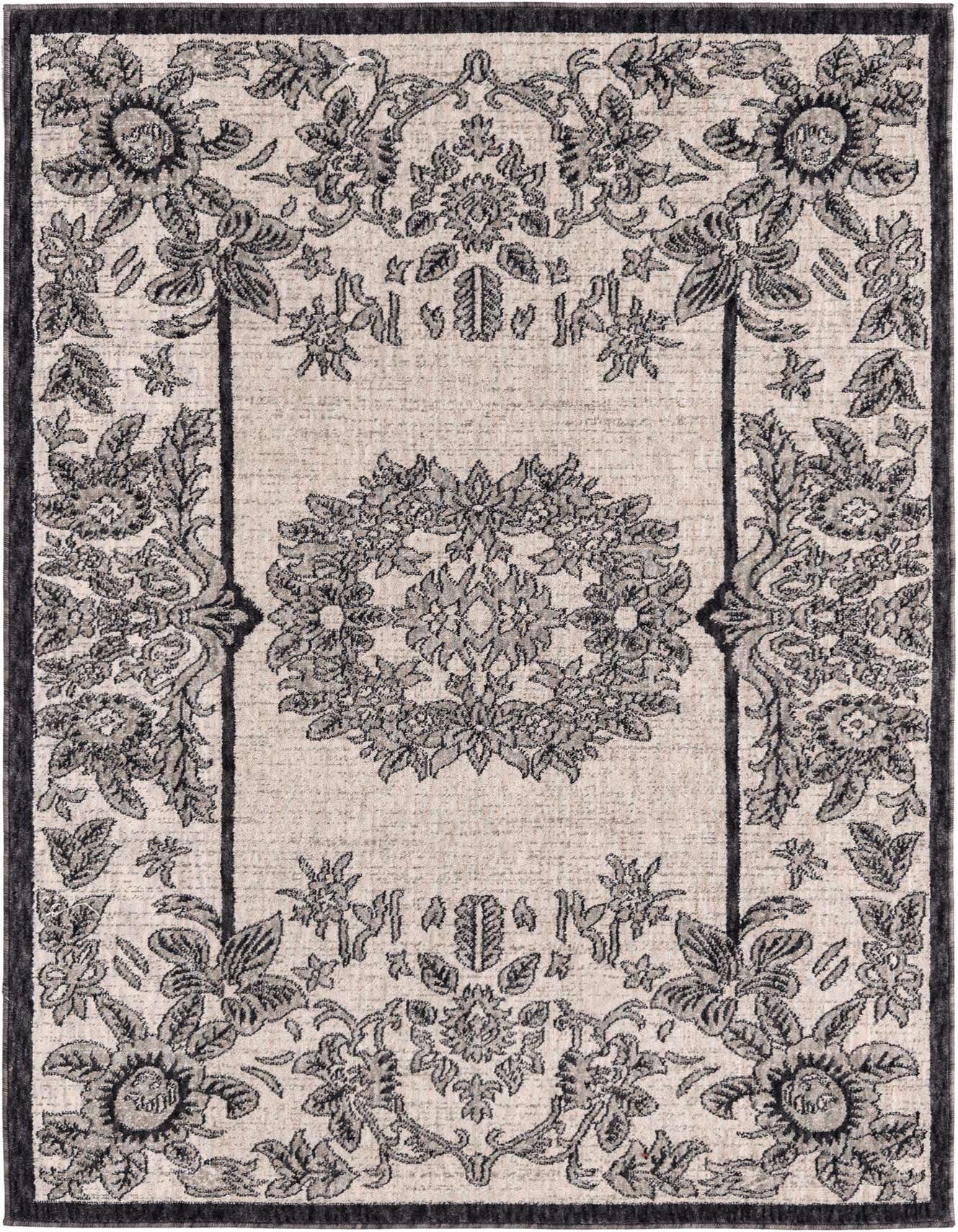 A 4x6 rectangular ivory and charcoal traditional rug with a central medallion and ornate floral border.