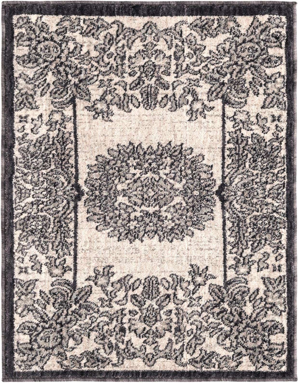 A 2x3 rectangular Eco Traditional rug featuring a cream background with a charcoal gray medallion and floral border pattern, ideal for an entryway or kitchen.