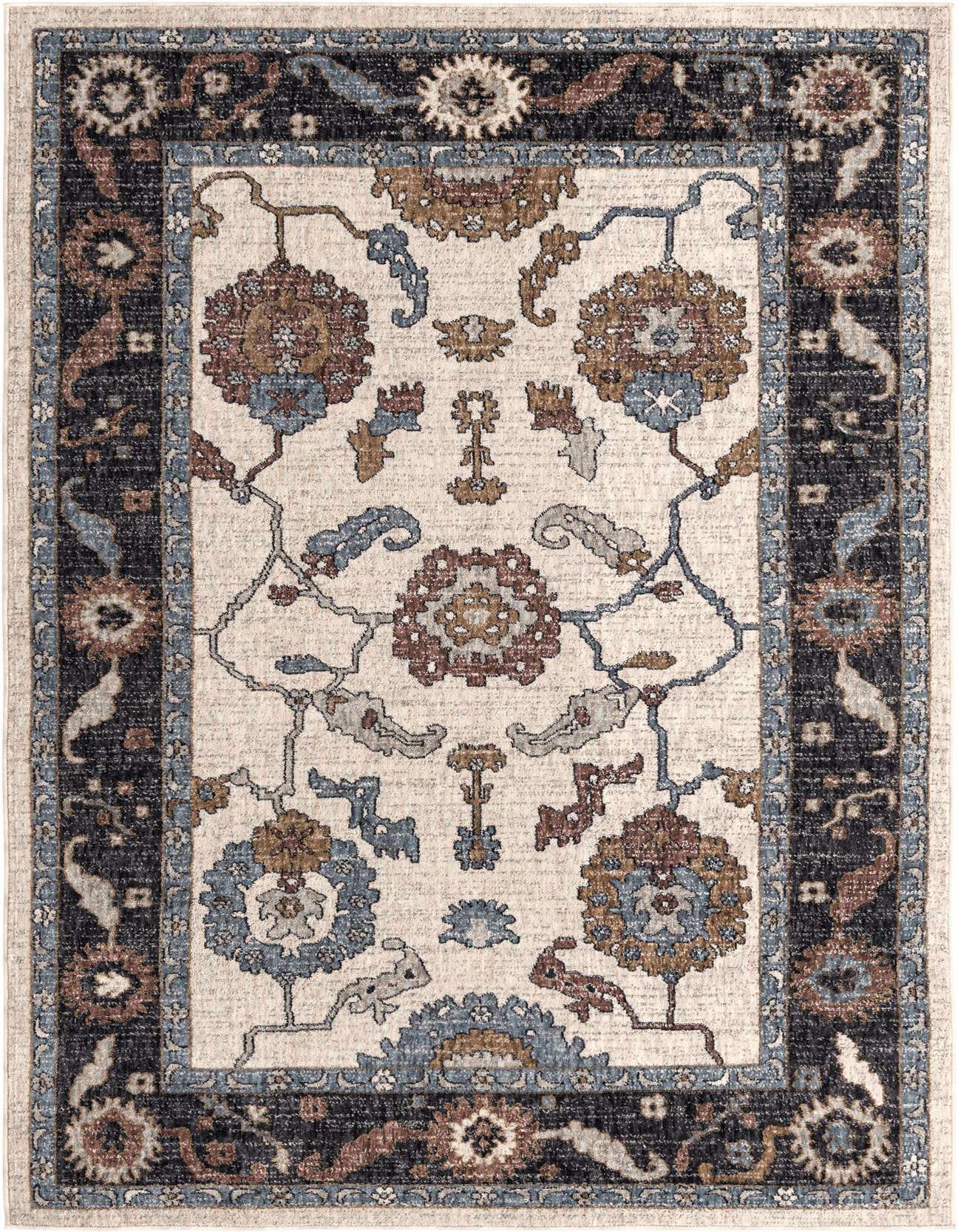 A 5x8 rectangular Eco Traditional rug featuring an ivory center with a detailed floral pattern in blue, brown, and gray, framed by a dark border with similar motifs.