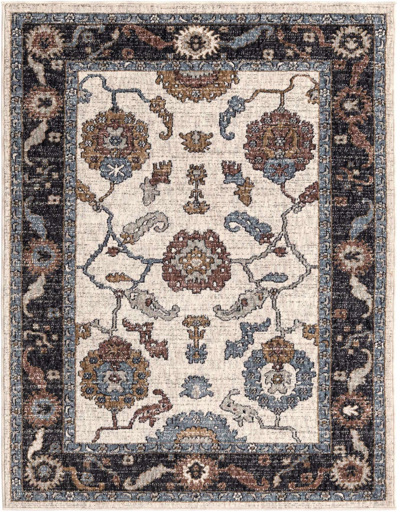 A 4x6 rectangular ivory rug with a traditional floral pattern in blue, brown, and black, featuring a dark border.
