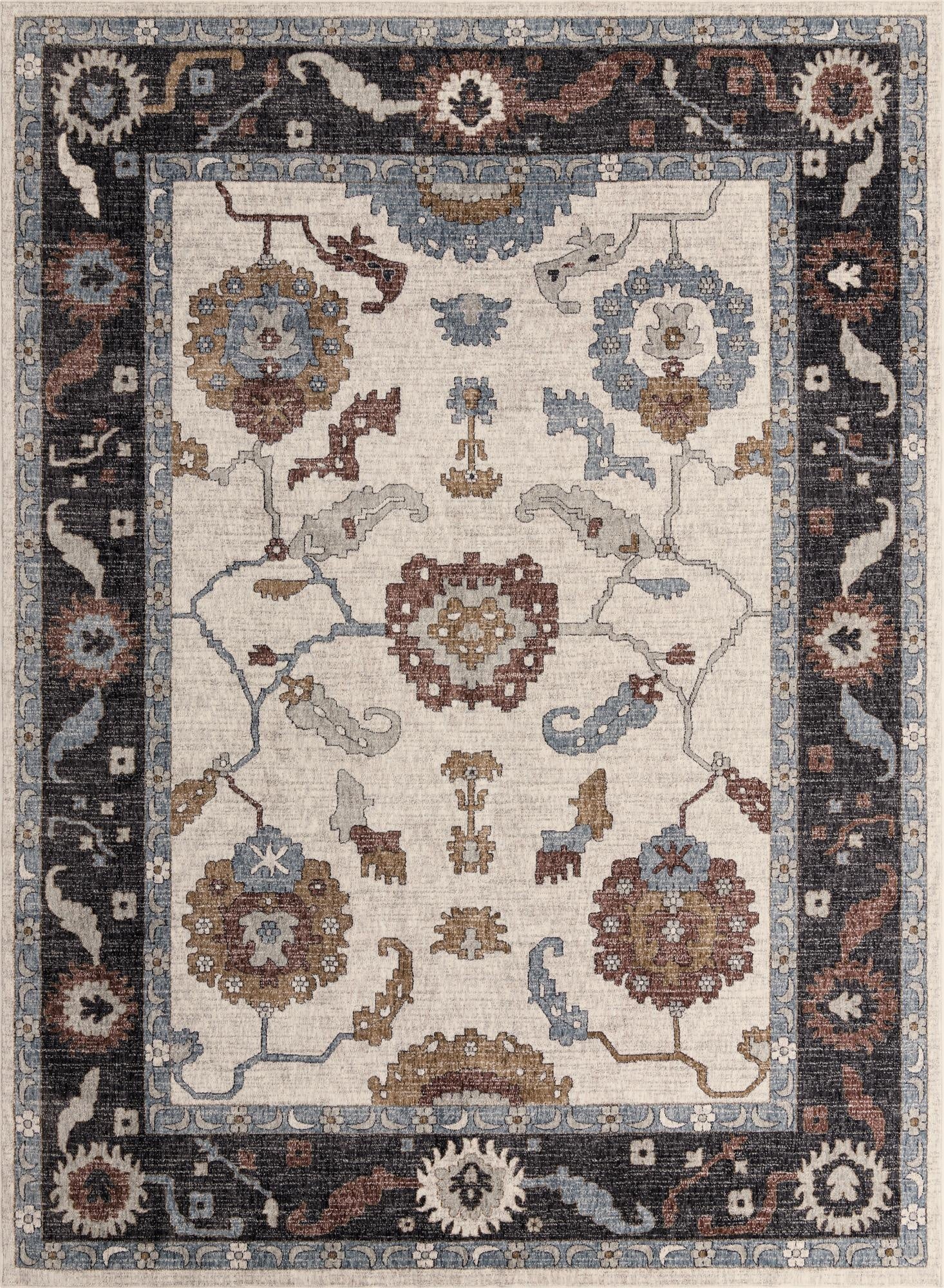 A 10x13 rectangular Eco Traditional rug featuring a cream field with blue, brown, and gray floral motifs, bordered by a dark frame.
