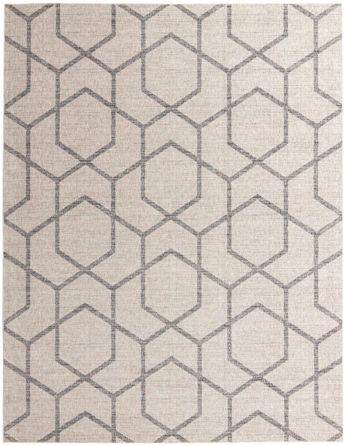 A 10x13 rectangular ivory and cream rug with a modern geometric trellis pattern in shades of gray.