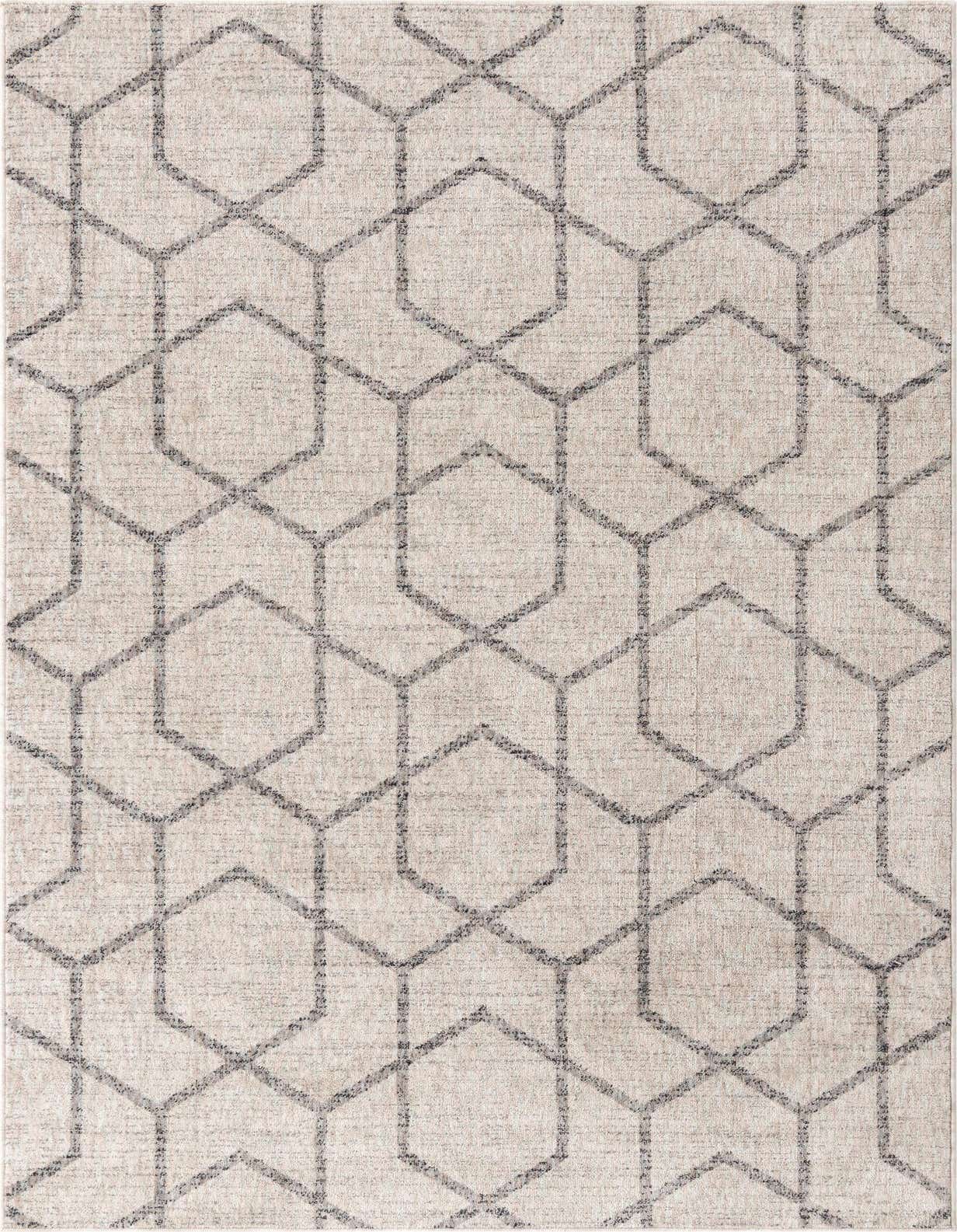 A 5x8 rectangular ivory modern rug with a subtle geometric trellis pattern, suitable for various indoor rooms.
