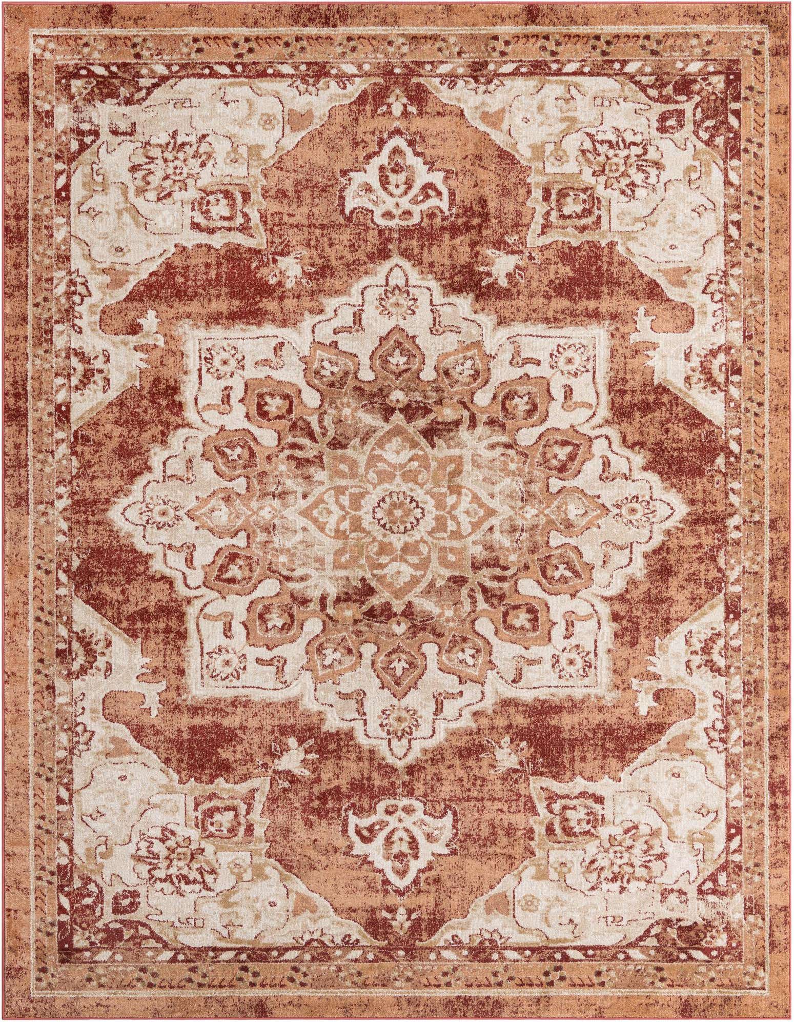 An 8x10 rectangular Rugs.com Eden rug featuring a distressed traditional medallion pattern in ivory, cream, and white tones.