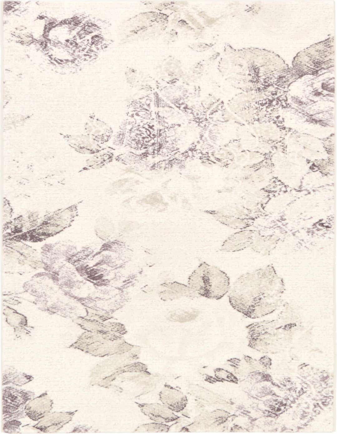 A 3x5 rectangular ivory and cream rug with a distressed vintage floral pattern in subtle purple and grey tones.