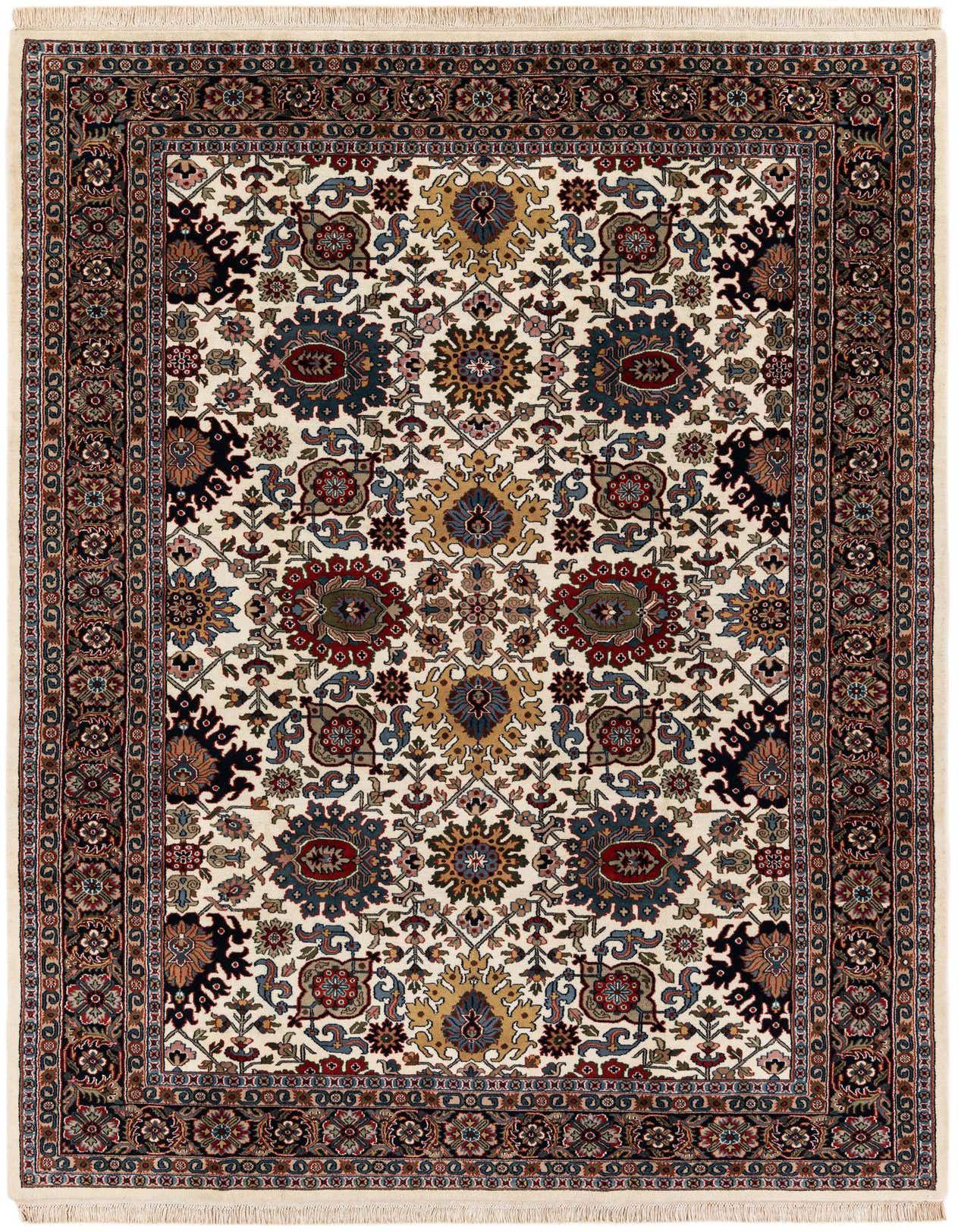 A 7x10 rectangular ivory wool rug with a traditional Oriental floral pattern in red, blue, and gold.