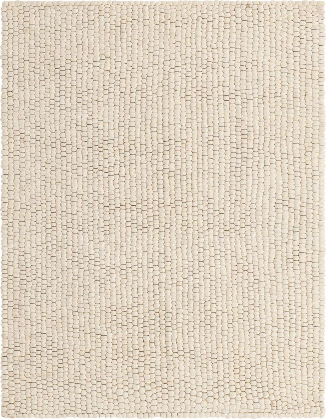 A 5x8 rectangular ivory Felt Ball rug by Rugs.com, featuring a textured, shag pile of small, uniform wool felt balls.